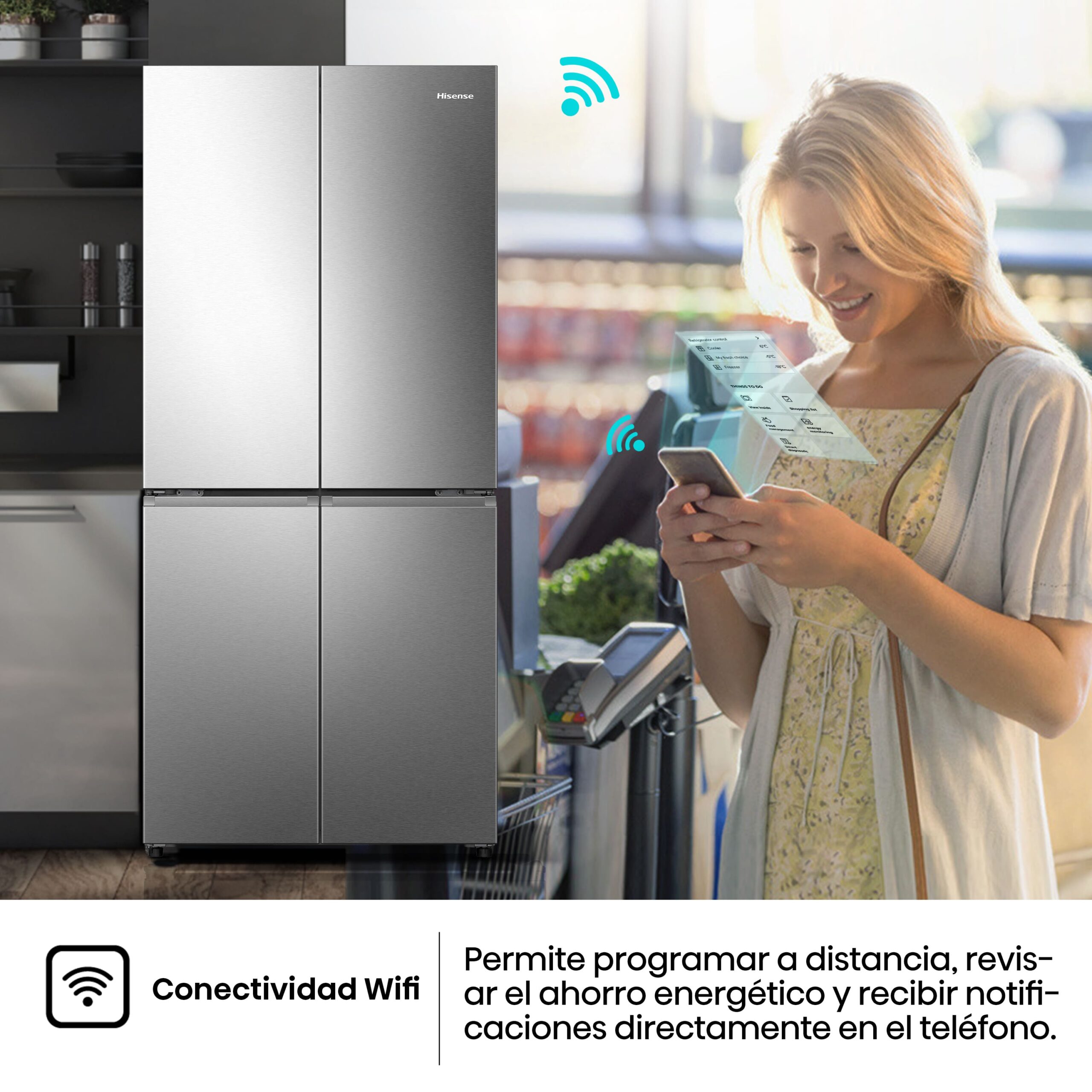 Hisense - RQ5P470SEIE – Frigorífico Americano 4 Puertas, Clase E , 483L, Inox