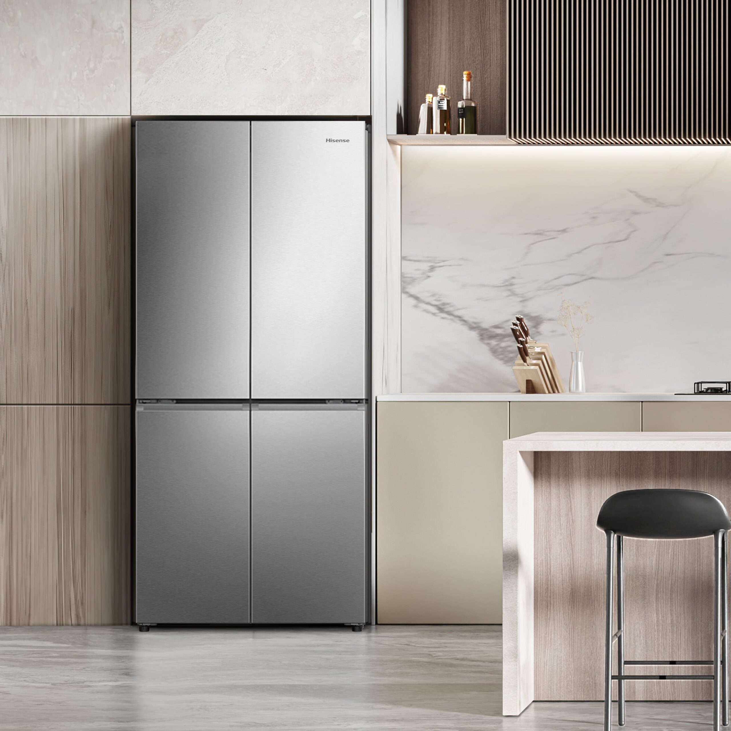 Hisense - RQ5P470SEIE – Frigorífico Americano 4 Puertas, Clase E , 483L, Inox