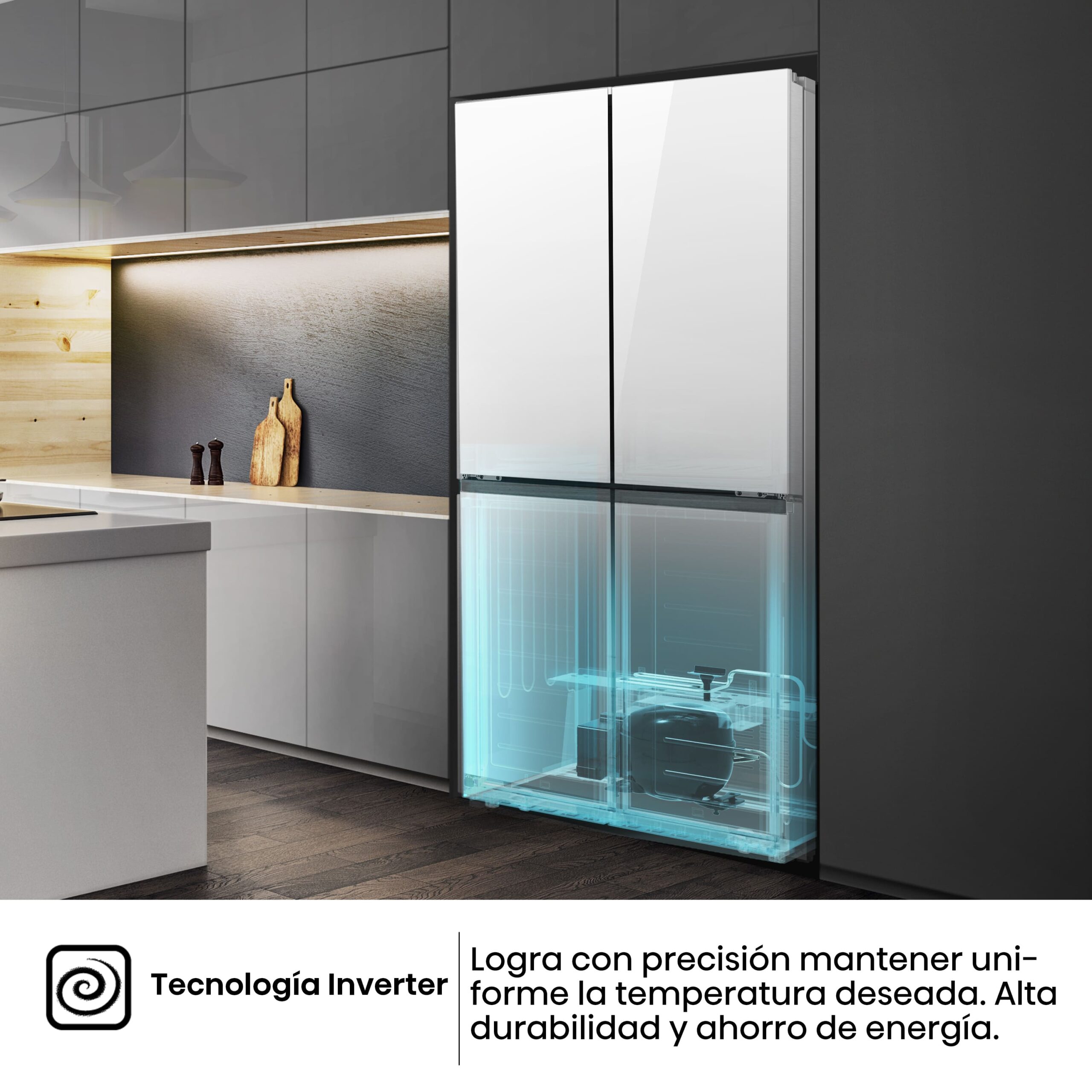 Hisense - RQ5P470SETE – Frigorífico Americano 4 Puertas, Clase E , 483L, Cristal Blanco