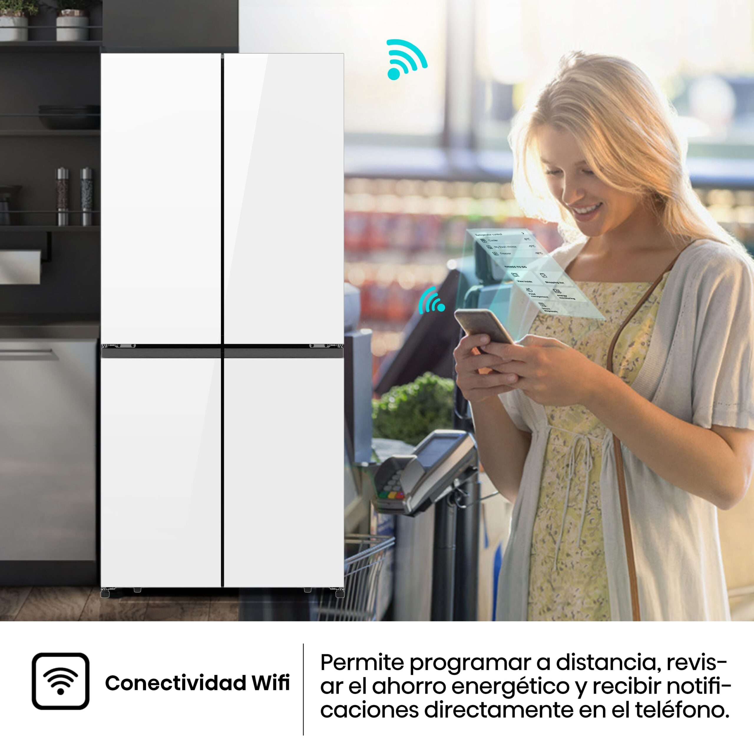 Hisense - RQ5P470SETE – Frigorífico Americano 4 Puertas, Clase E , 483L, Cristal Blanco
