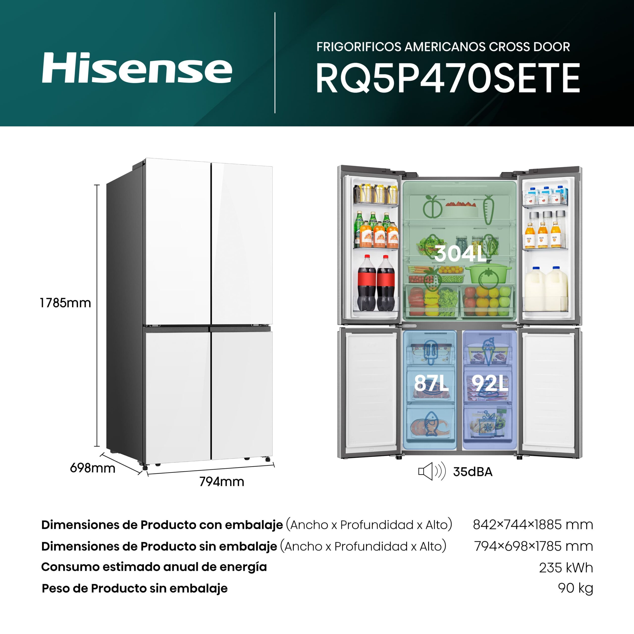 Hisense - RQ5P470SETE – Frigorífico Americano 4 Puertas, Clase E , 483L, Cristal Blanco