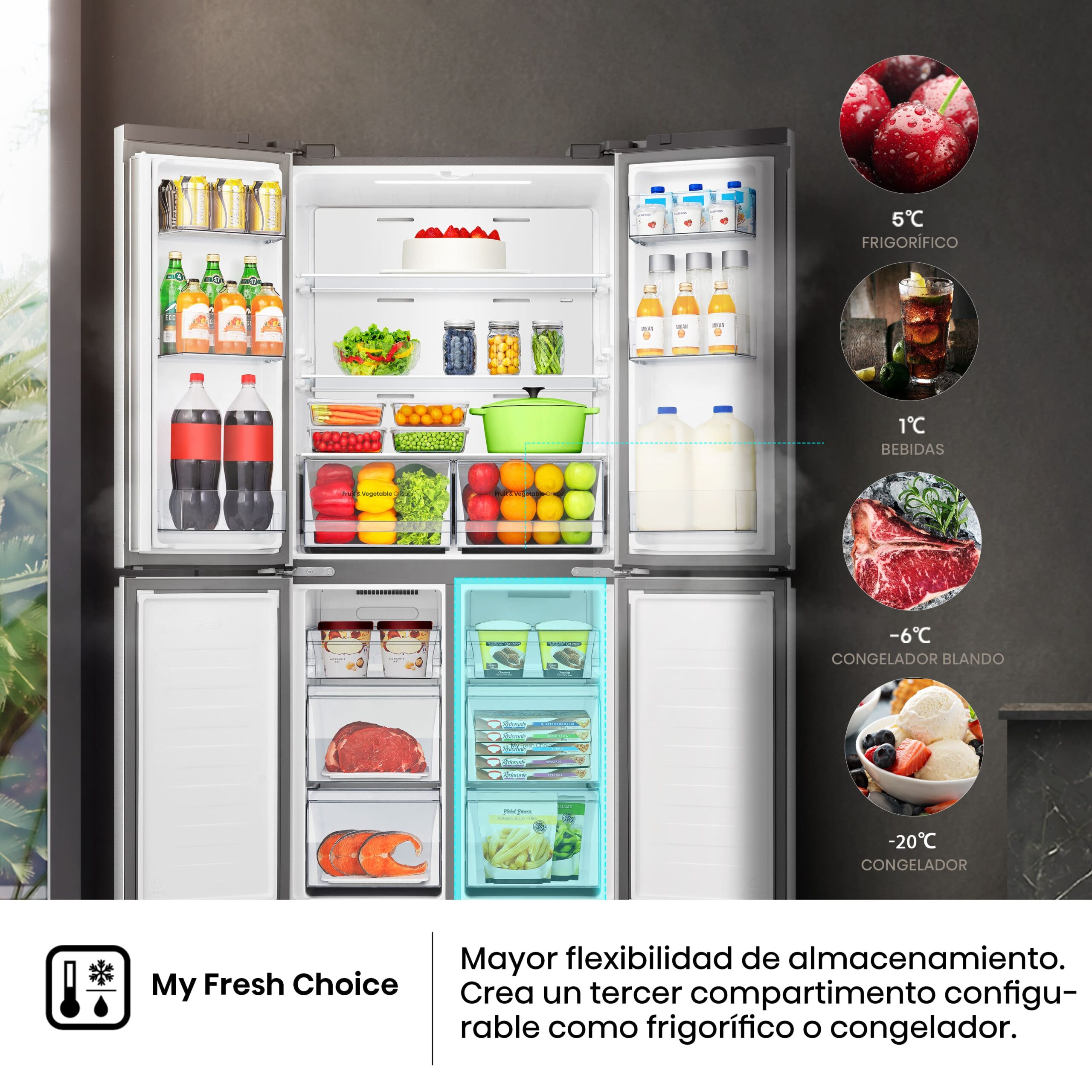 Hisense - RQ5P470SETE – Frigorífico Americano 4 Puertas, Clase E , 483L, Cristal Blanco