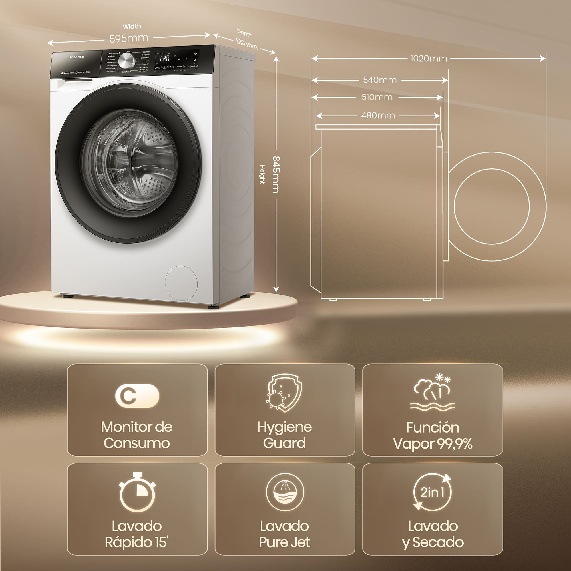 Hisense - WD3S8043BW3 – Lavasecadora, Clase A, 8 kg/5 kg, 1400 rpm, Blanco