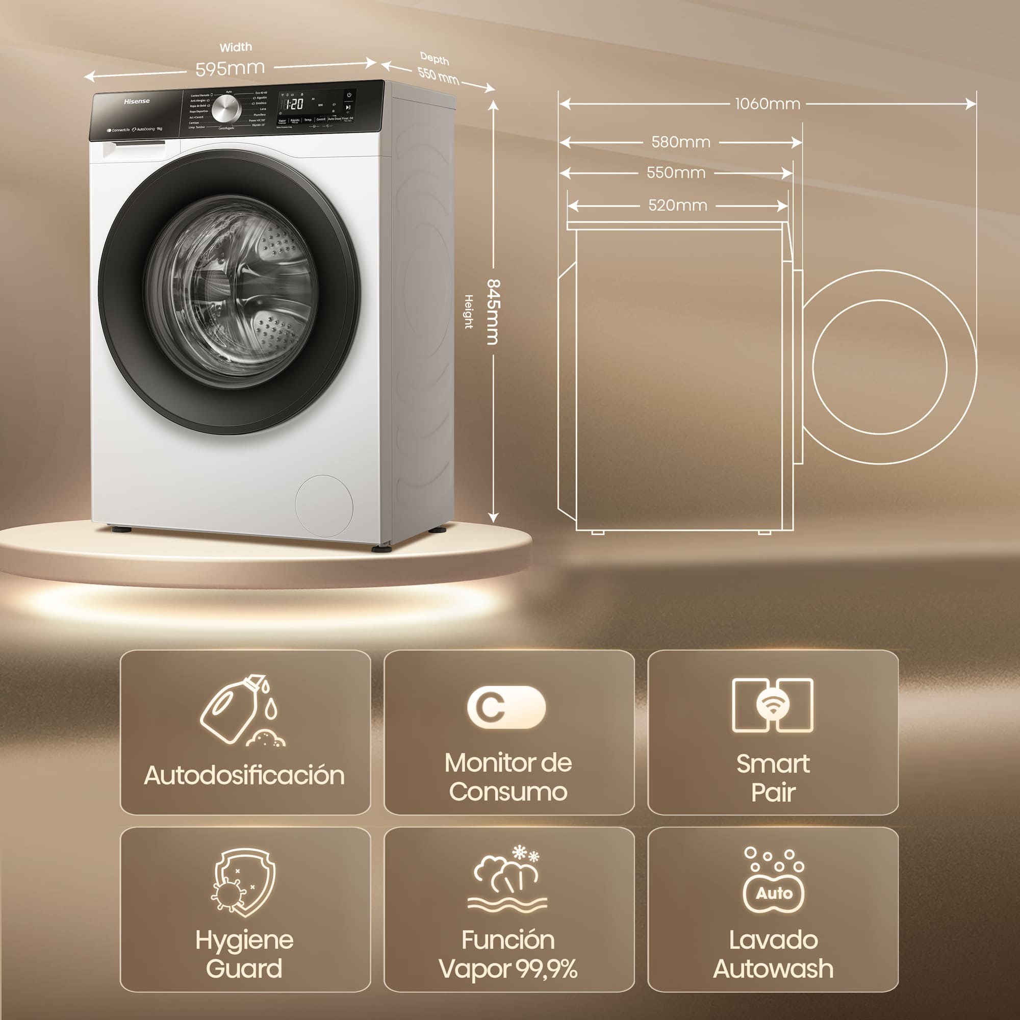 Hisense - WF3S9045BW3 – Lavadora, Clase A, 9 Kg, 1400 rpm, Blanco