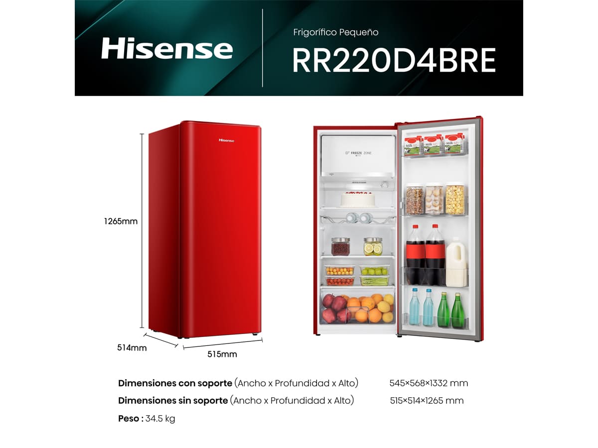 Hisense - RR220D4BRE – Frigorífico 1 Puerta, Clase E, 165L, Rojo
