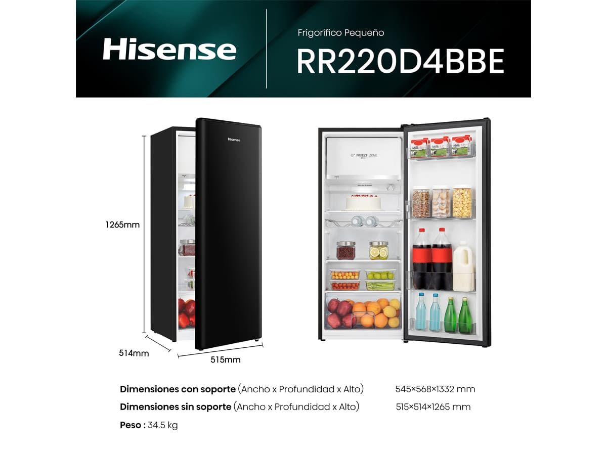 Hisense - RR220D4BBE – Frigorífico 1 Puerta, Clase E, 165L, Negro