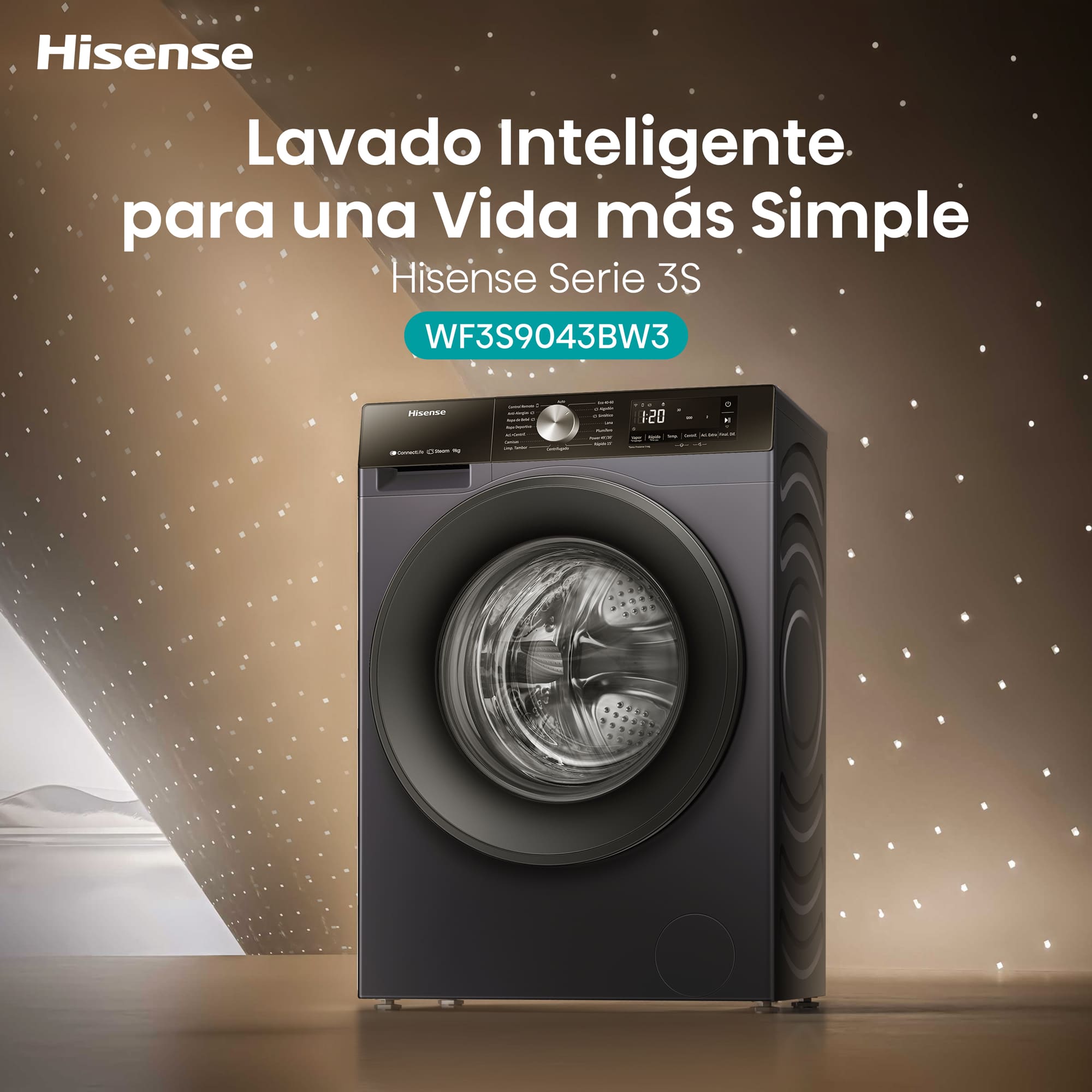 Hisense - WF3S9043BB3 – Lavadora, Clase A, 9 Kg, 1400 rpm, Negro
