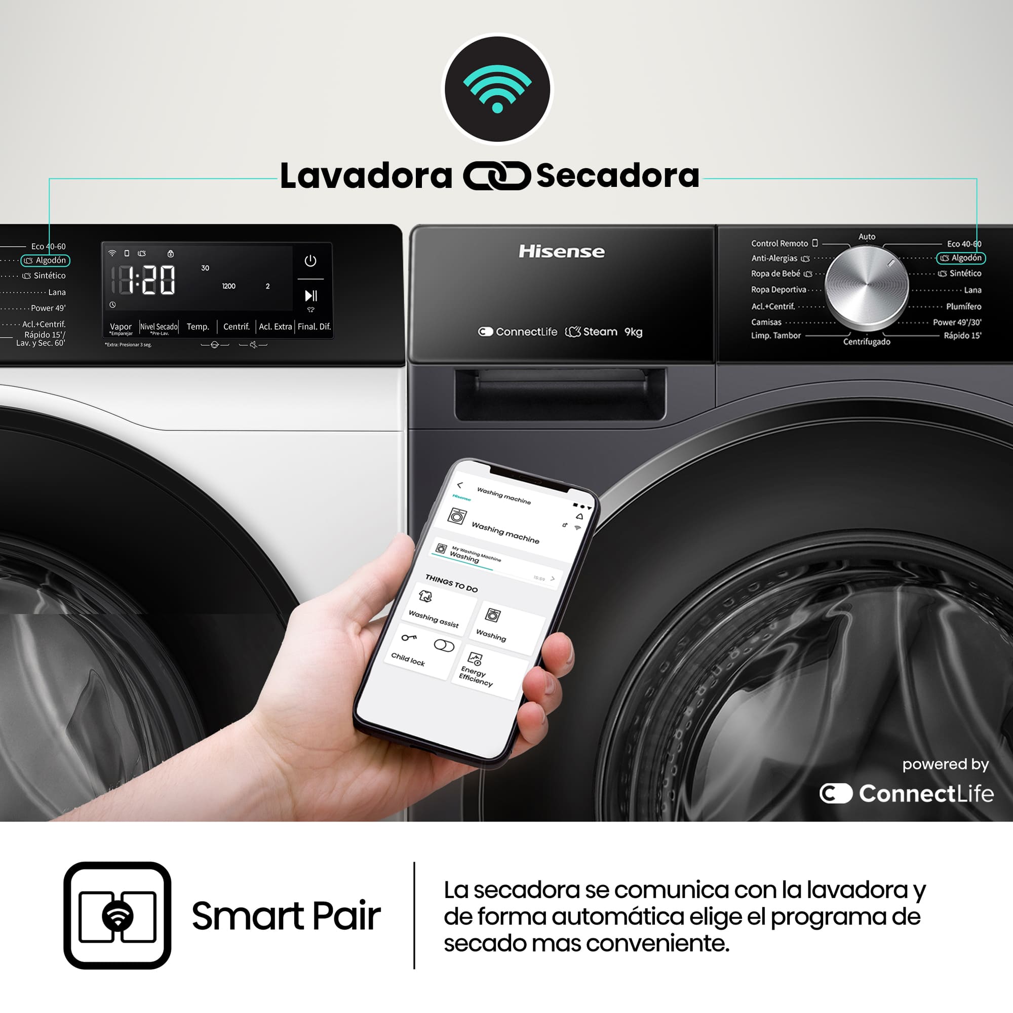 Hisense - WF3S9043BB3 – Lavadora, Clase A, 9 Kg, 1400 rpm, Negro