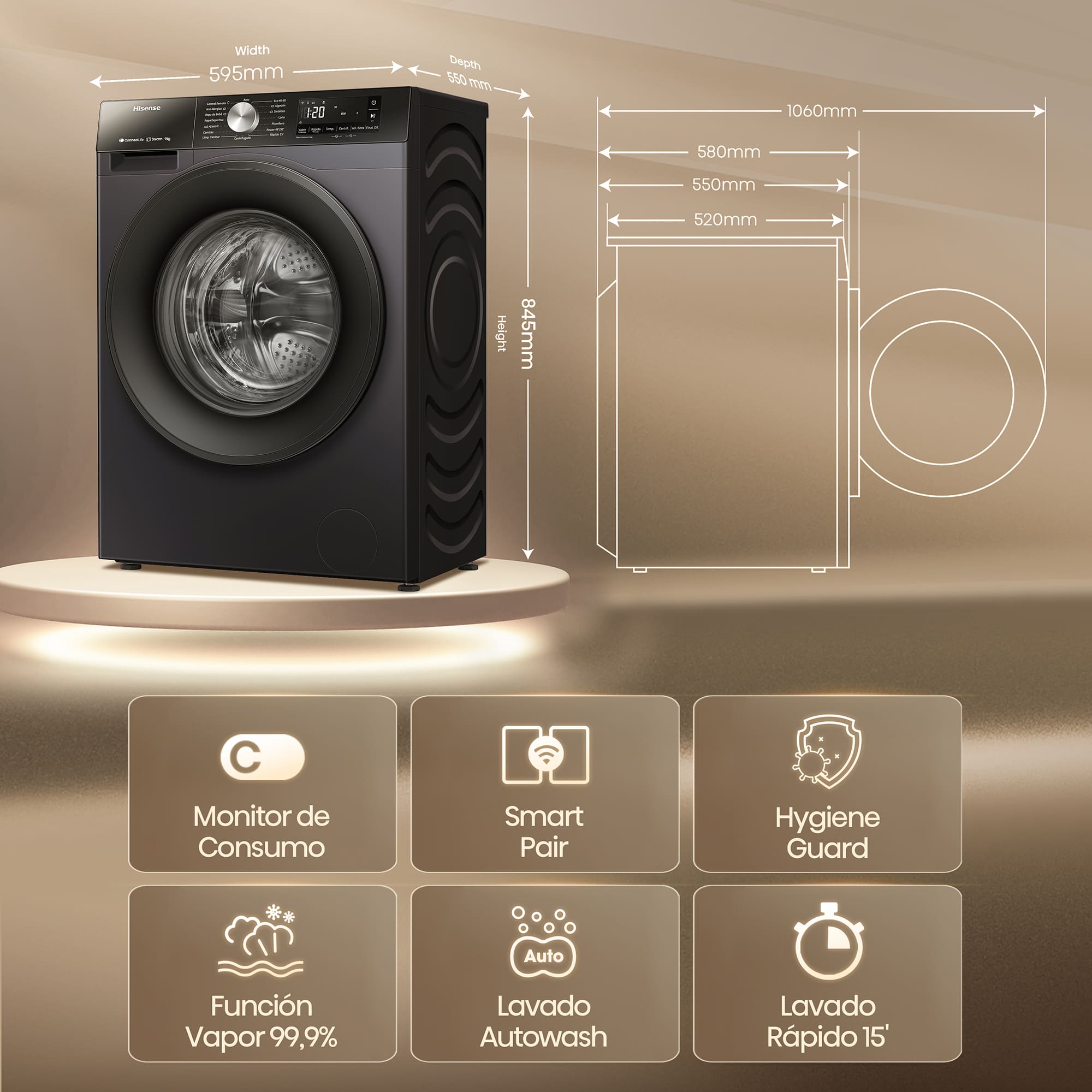 Hisense - WF3S9043BB3 – Lavadora, Clase A, 9 Kg, 1400 rpm, Negro