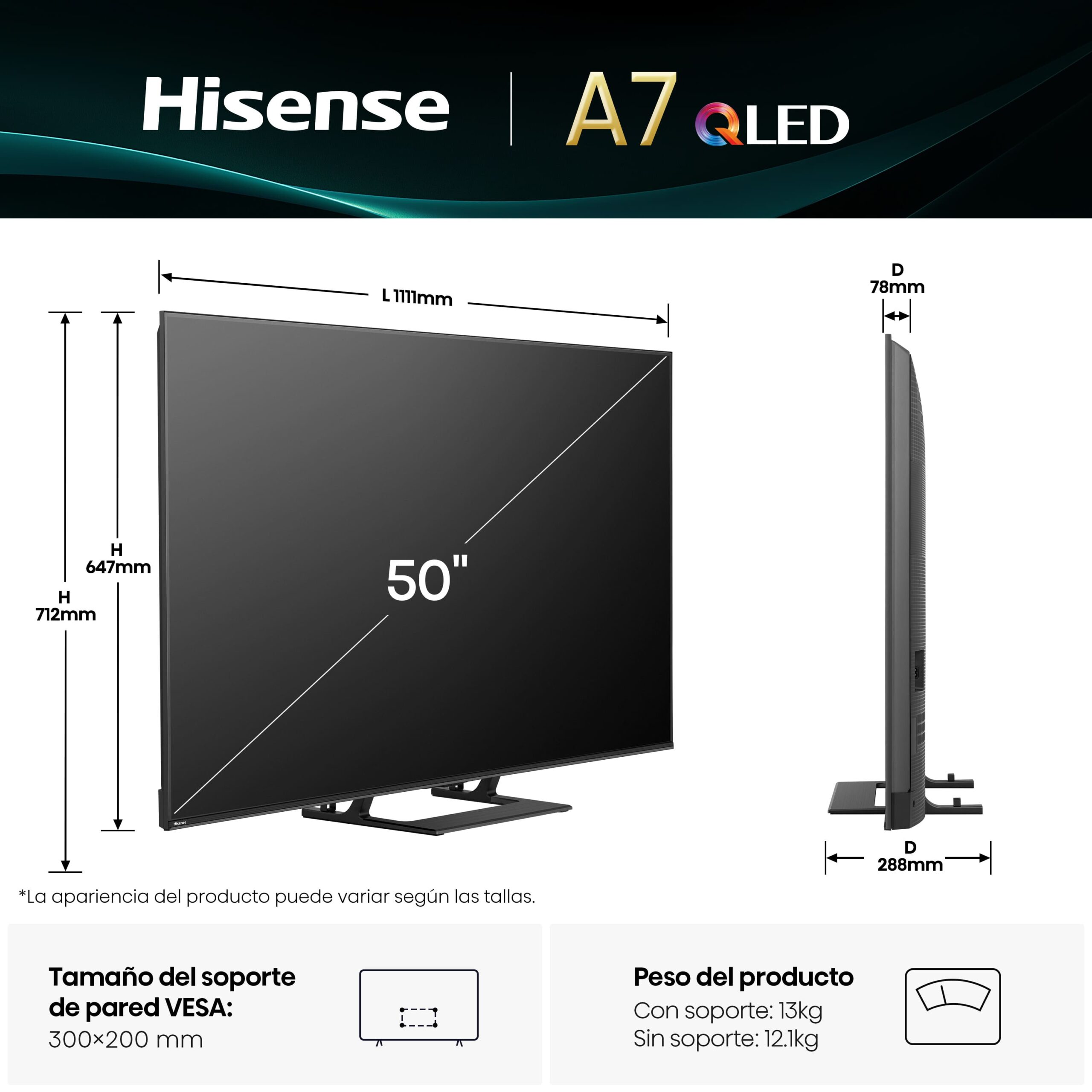 Hisense - Serie A7Q QLED TV 50A7Q Smart TV 50 pulgadas con Dolby Vision & Atmos