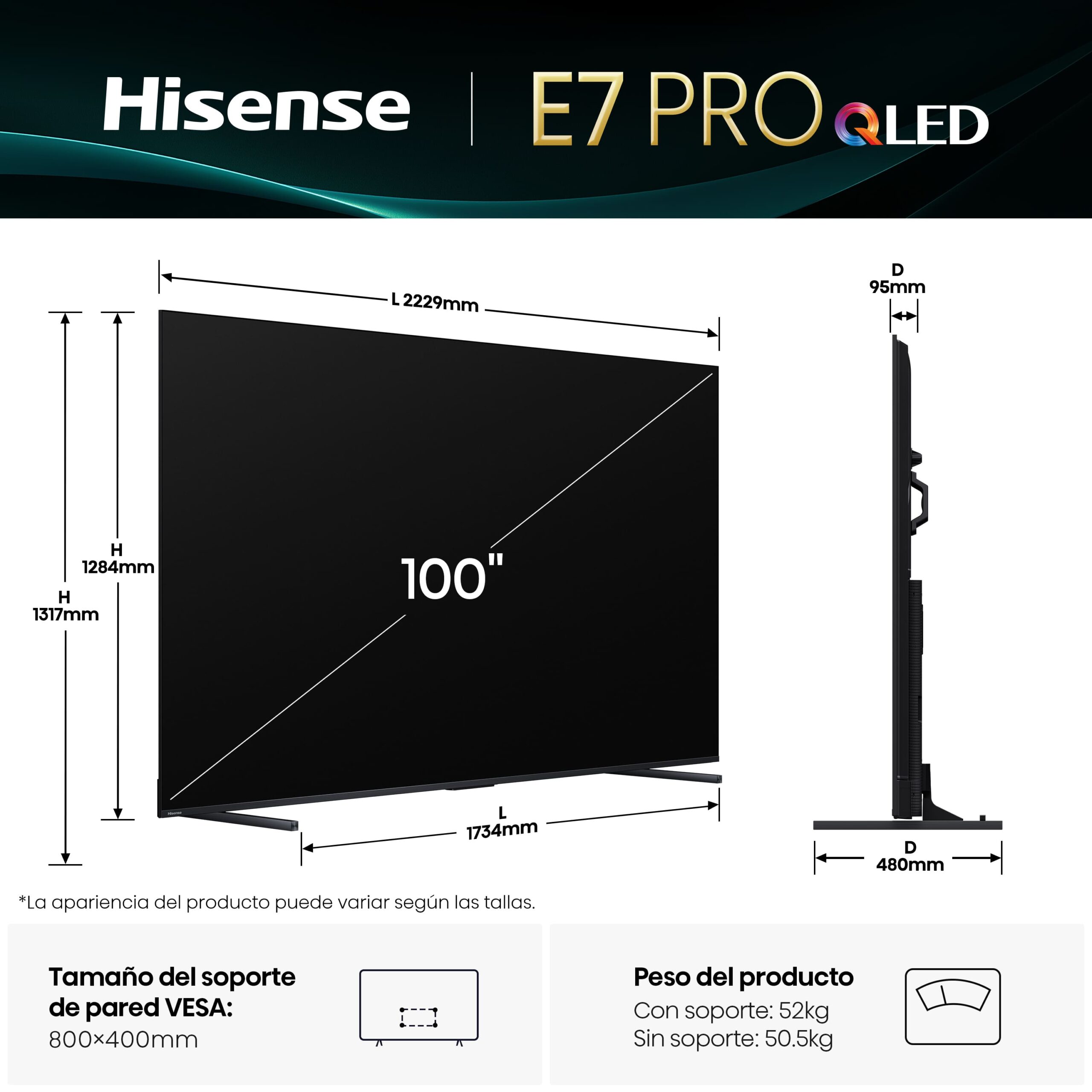 Hisense - Serie E7Q PRO QLED TV 100E7Q Pro Gaming TV 100 pulgadas con Modo Juego de 144Hz