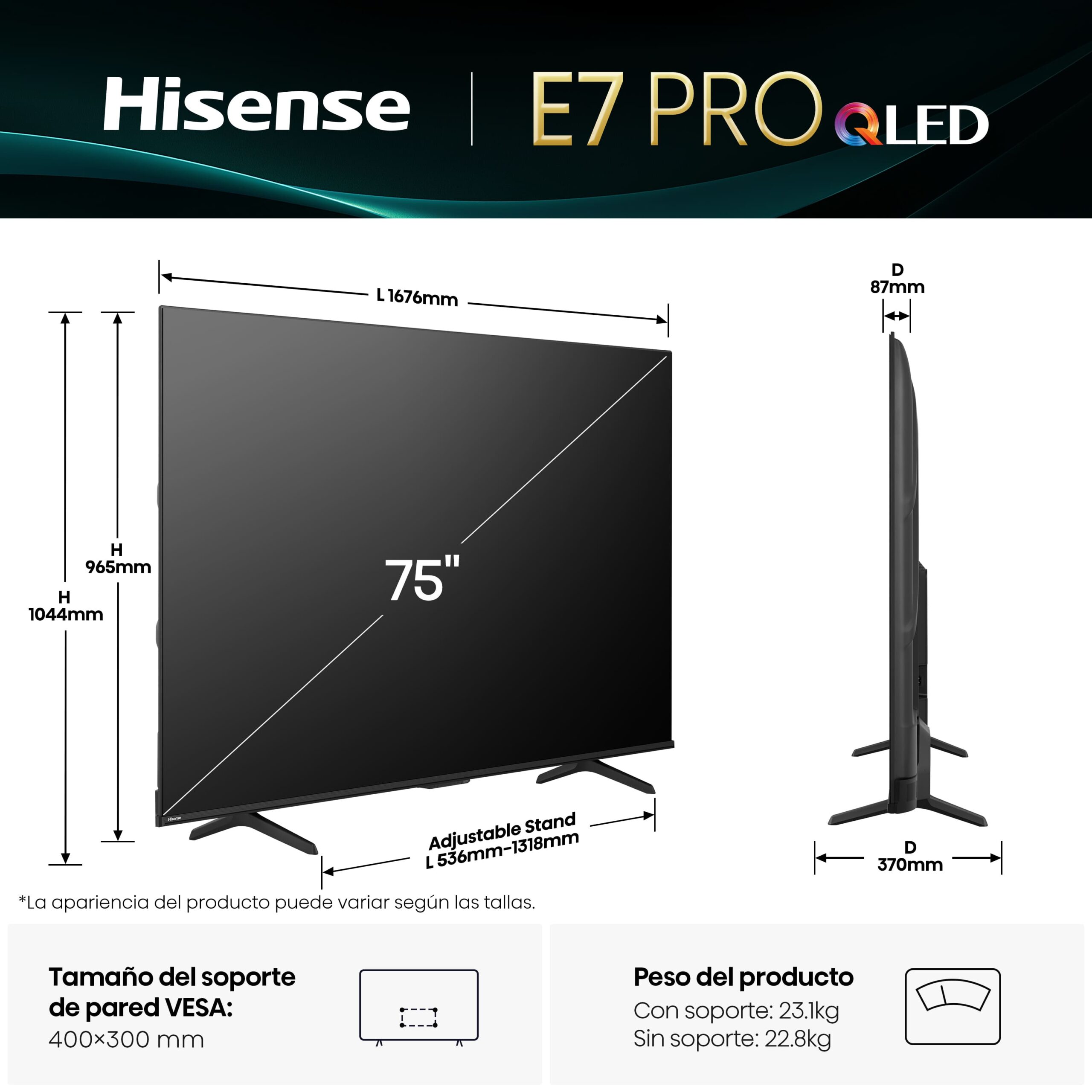 Hisense - Serie E7Q PRO QLED TV 75E7Q Pro Gaming TV 75 pulgadas con Modo Juego de 144Hz