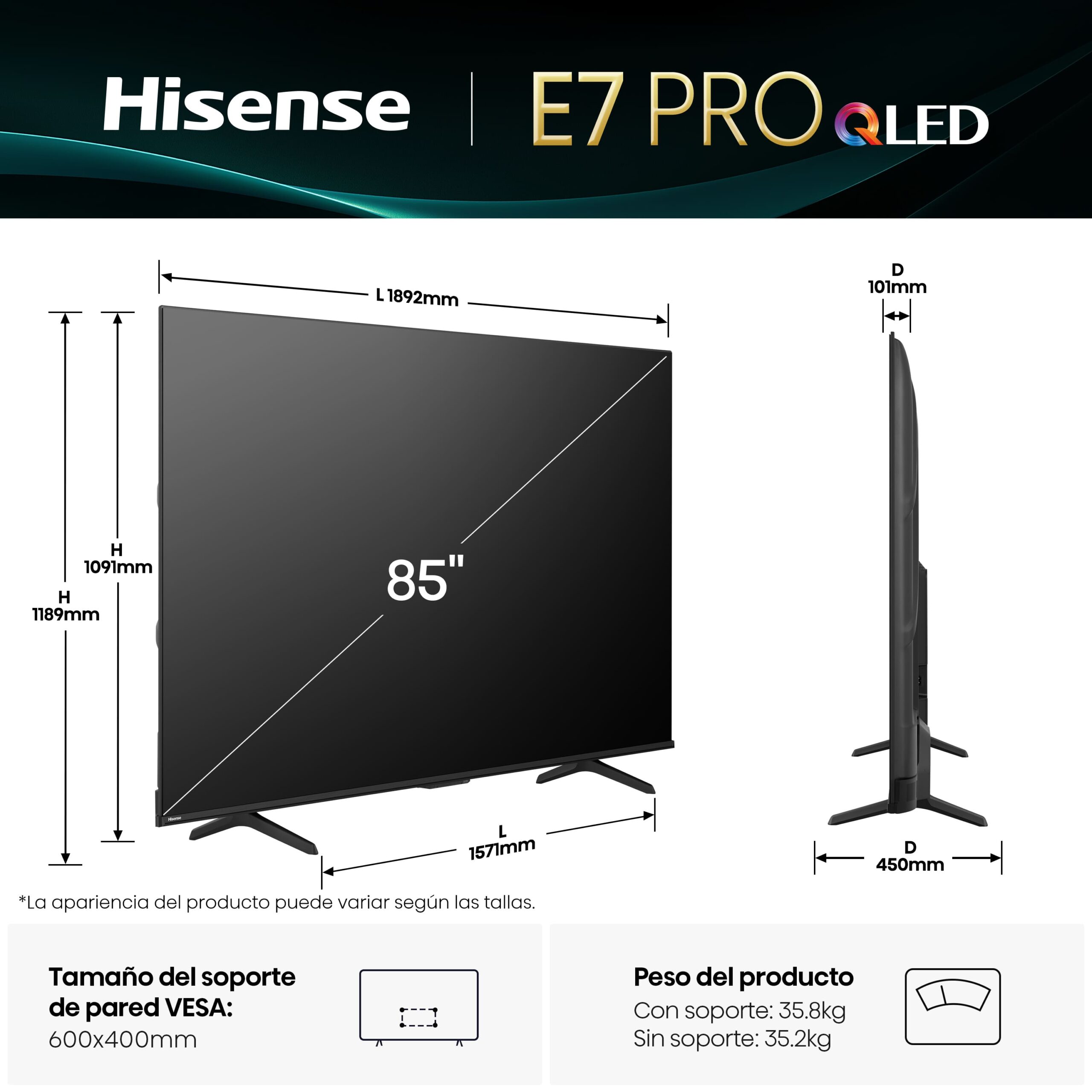 Hisense - Serie E7Q PRO QLED TV 85E7Q Pro Gaming TV 85 pulgadas con Modo Juego de 144Hz