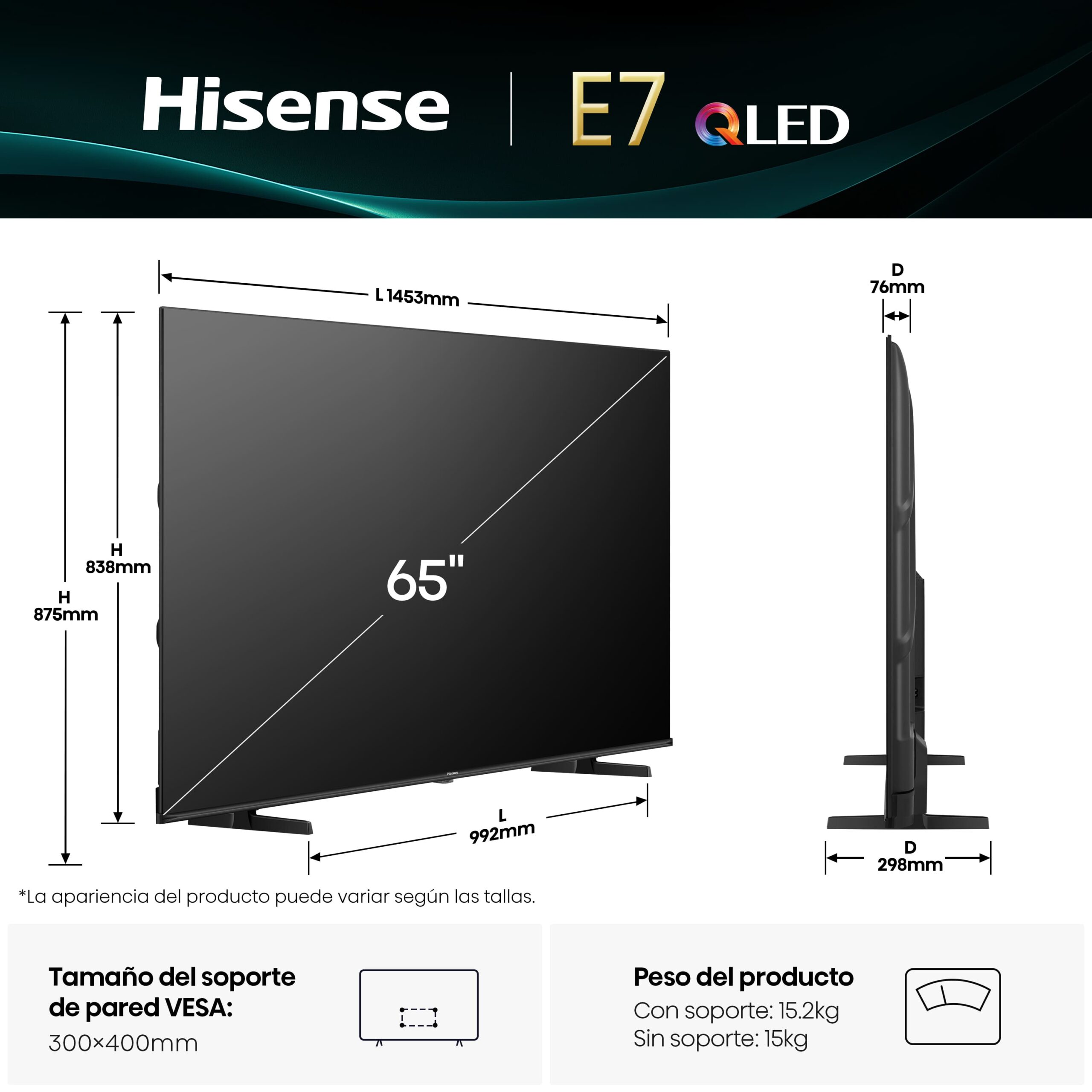 Hisense - Serie E7Q QLED TV 65E7Q Smart TV 65 pulgadas con Dolby Vision & Atmos