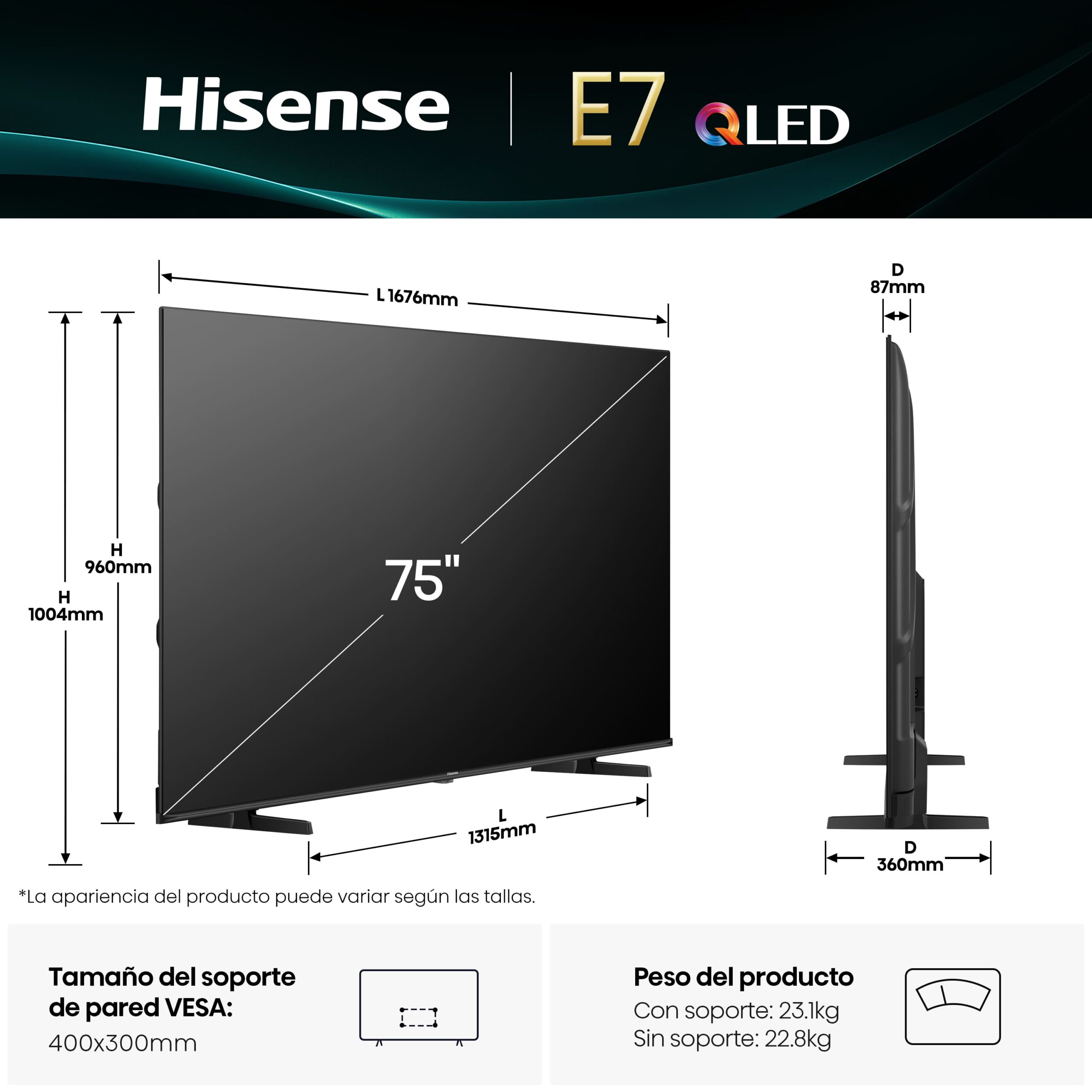 Hisense - Serie E7Q QLED TV 75E7Q Smart TV 75 pulgadas con Dolby Vision & Atmos