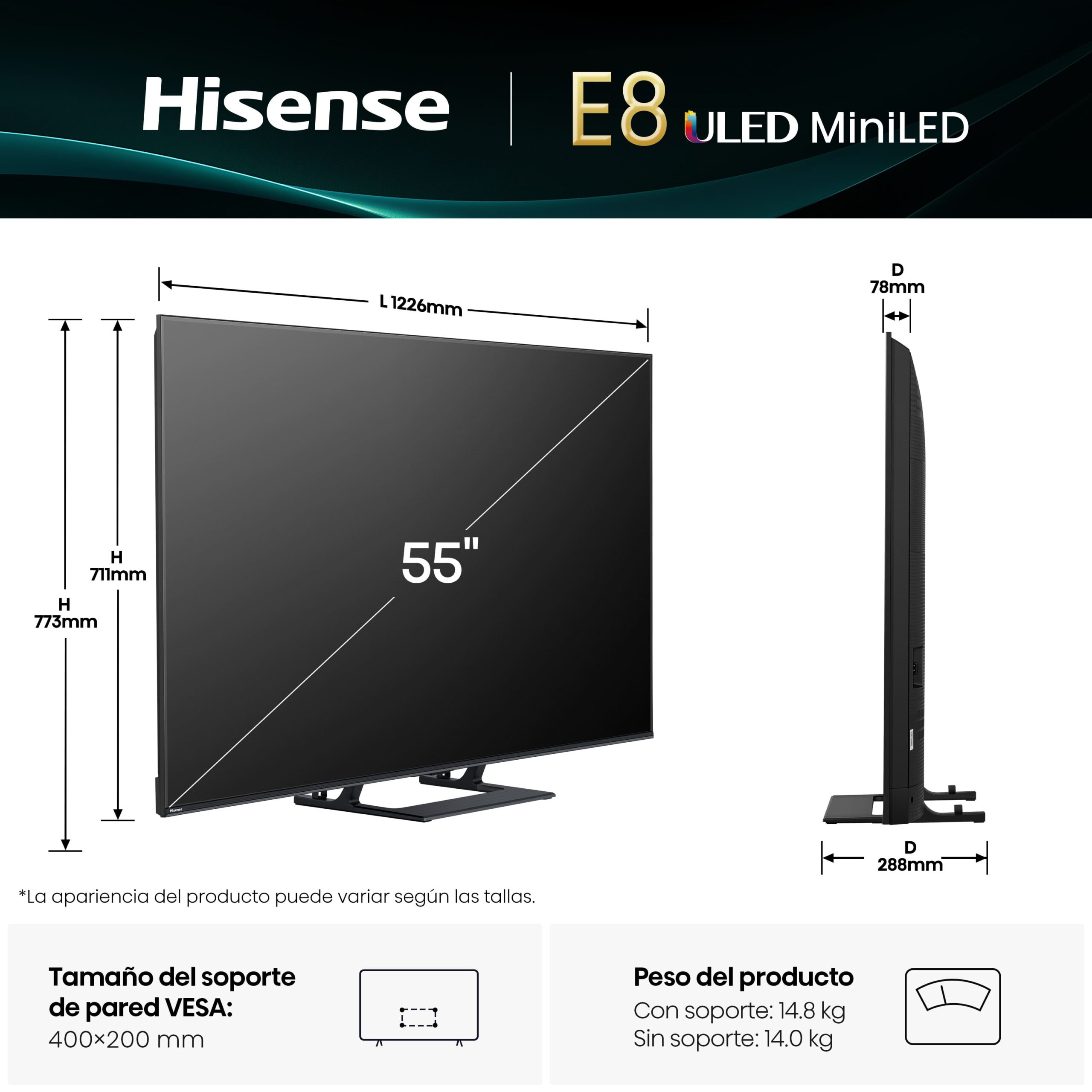 Hisense - Serie E8Q Mini-LED TV 55E8Q 55 pulgadas con Quantum Dot