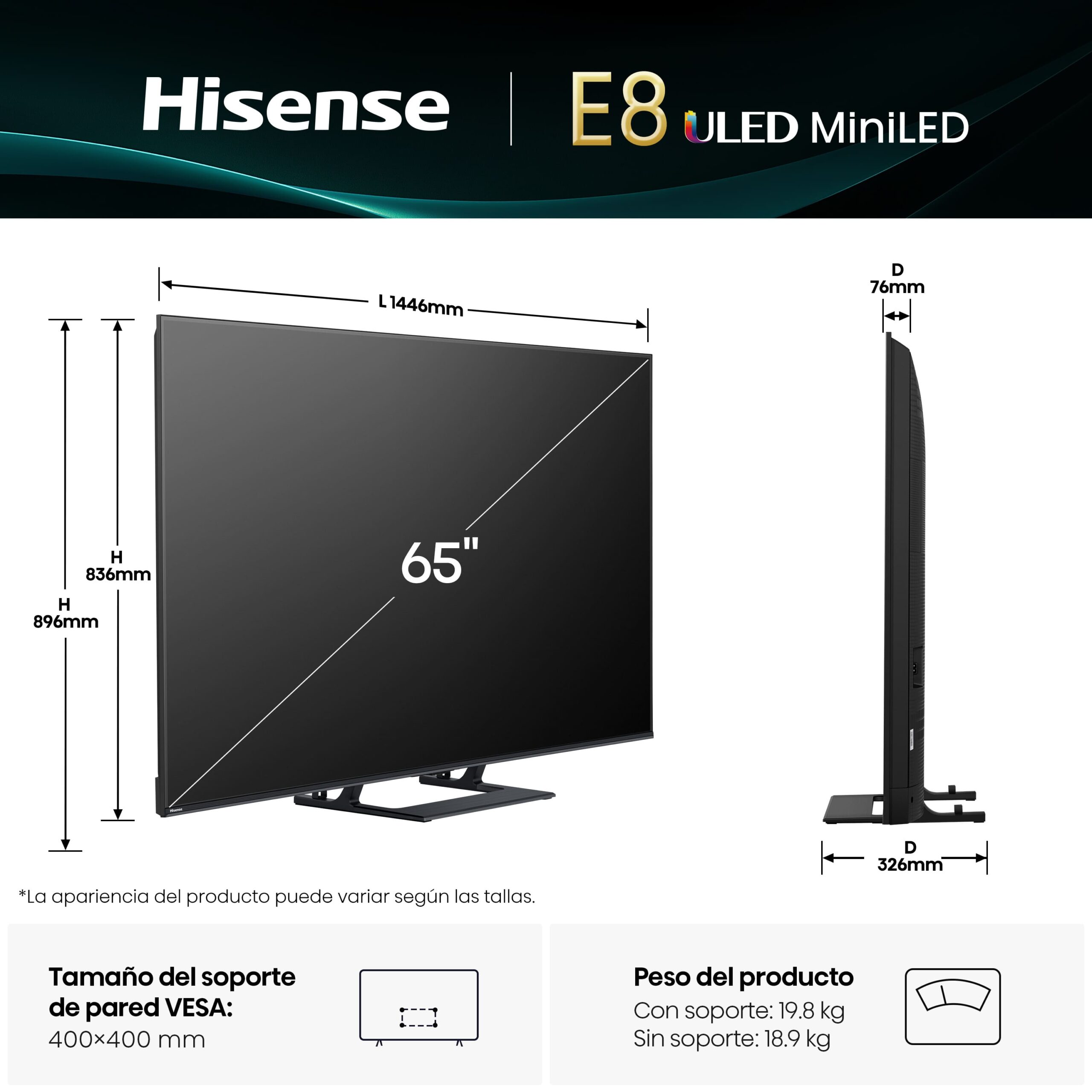 Hisense - Serie E8Q Mini-LED TV 65E8Q 65 pulgadas con Quantum Dot