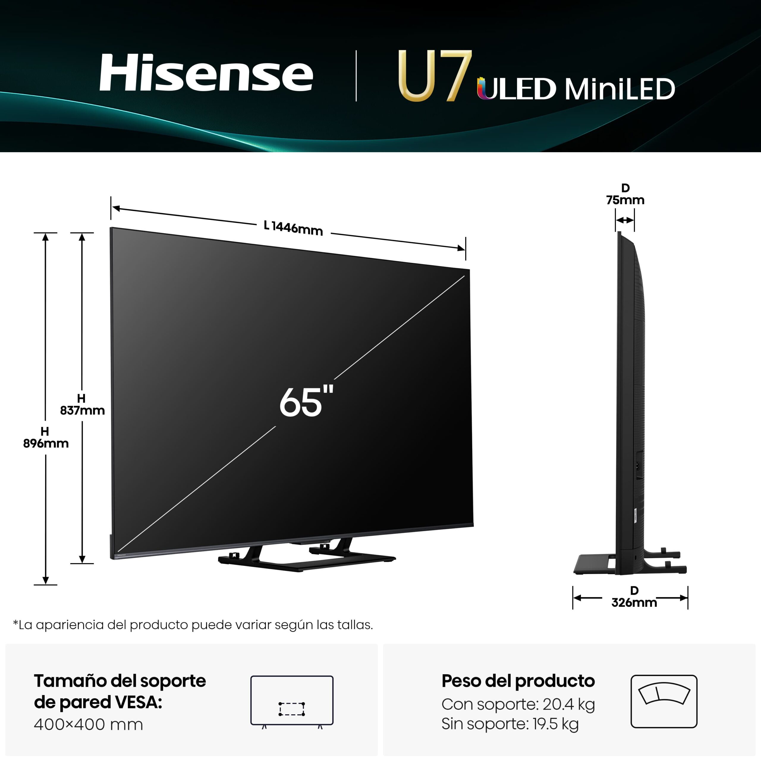 Hisense - Serie U7Q Mini-LED TV 65U7Q 65 pulgadas con Quantum Dot Colour