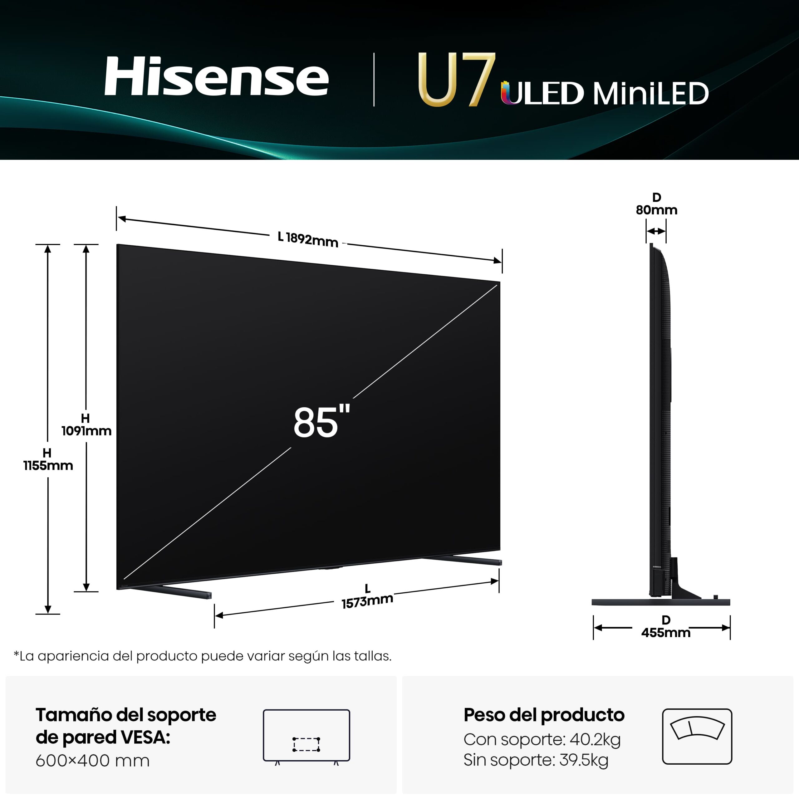 Hisense - Serie U7Q Mini-LED TV 85U7Q 85 pulgadas con Quantum Dot Colour
