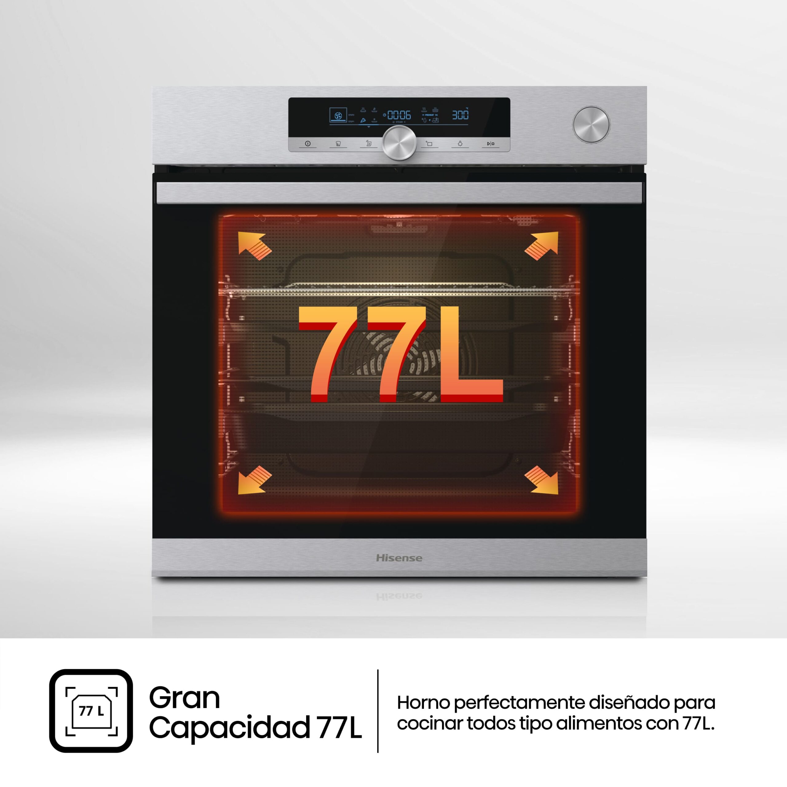 Hisense - BSA66334PX – Horno Pirolítico, Cocción Vapor Con Depósito, Clase A+, 77L, Inox