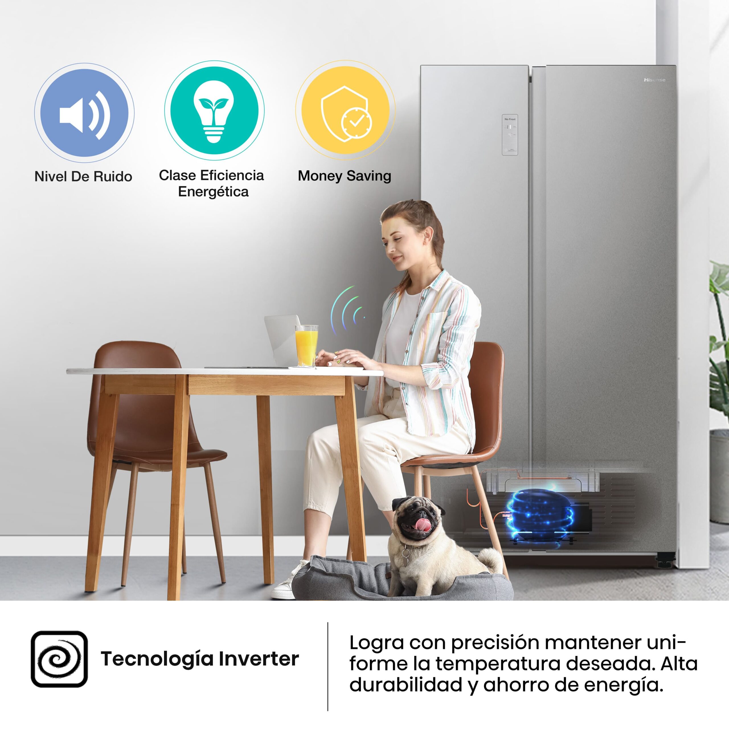 Hisense - RS711N4ACE – Frigorífico Americano Side By Side, Clase E , 550L, Inox