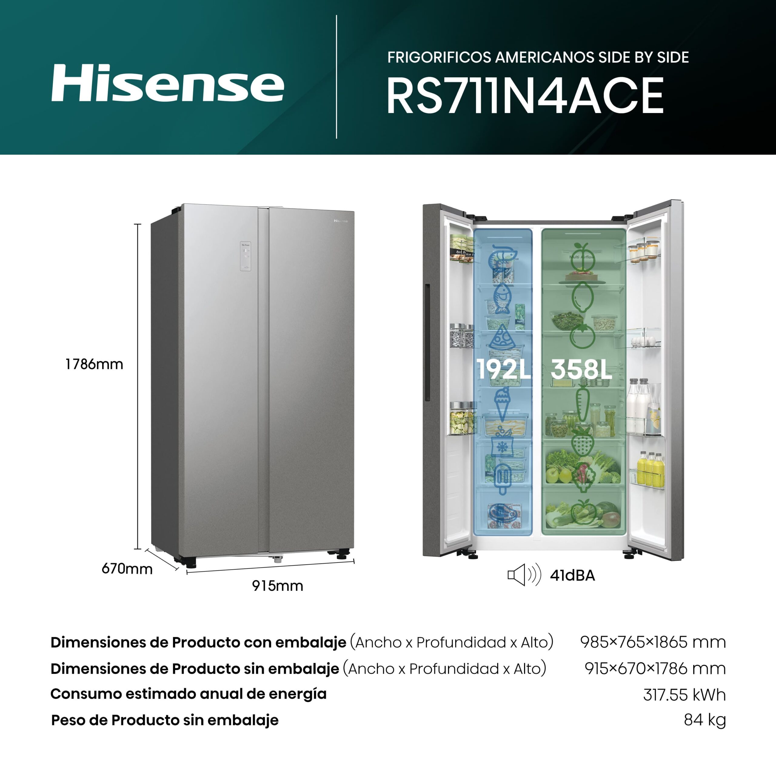 Hisense - RS711N4ACE – Frigorífico Americano Side By Side, Clase E , 550L, Inox