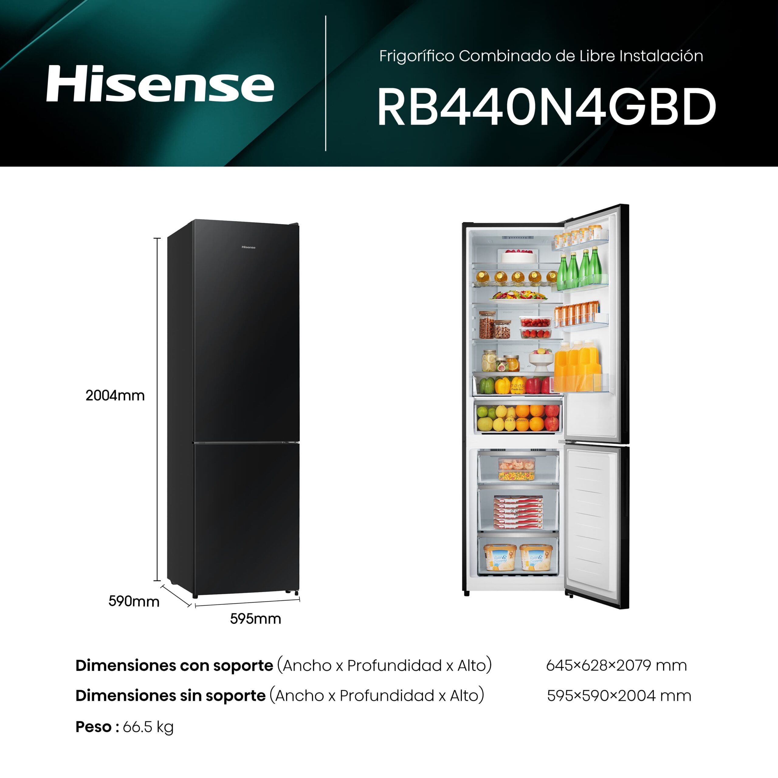 Hisense - RB440N4GBD – Frigorífico Combi 2 Puertas, Clase D , 336L, Cristal Negro