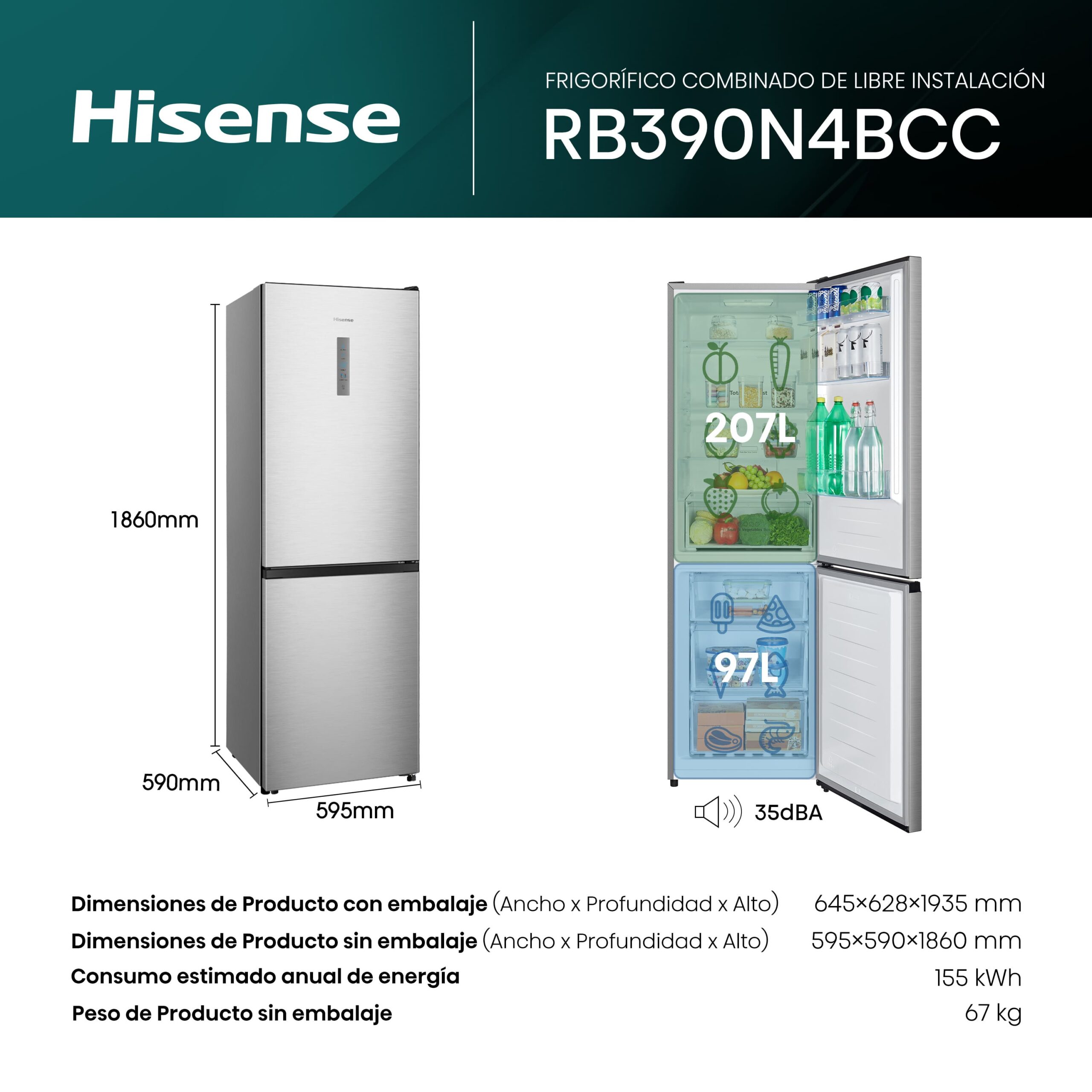 Hisense - RB390N4BCC – Frigorífico Combi 2 Puertas, Clase C , 304L, Inox