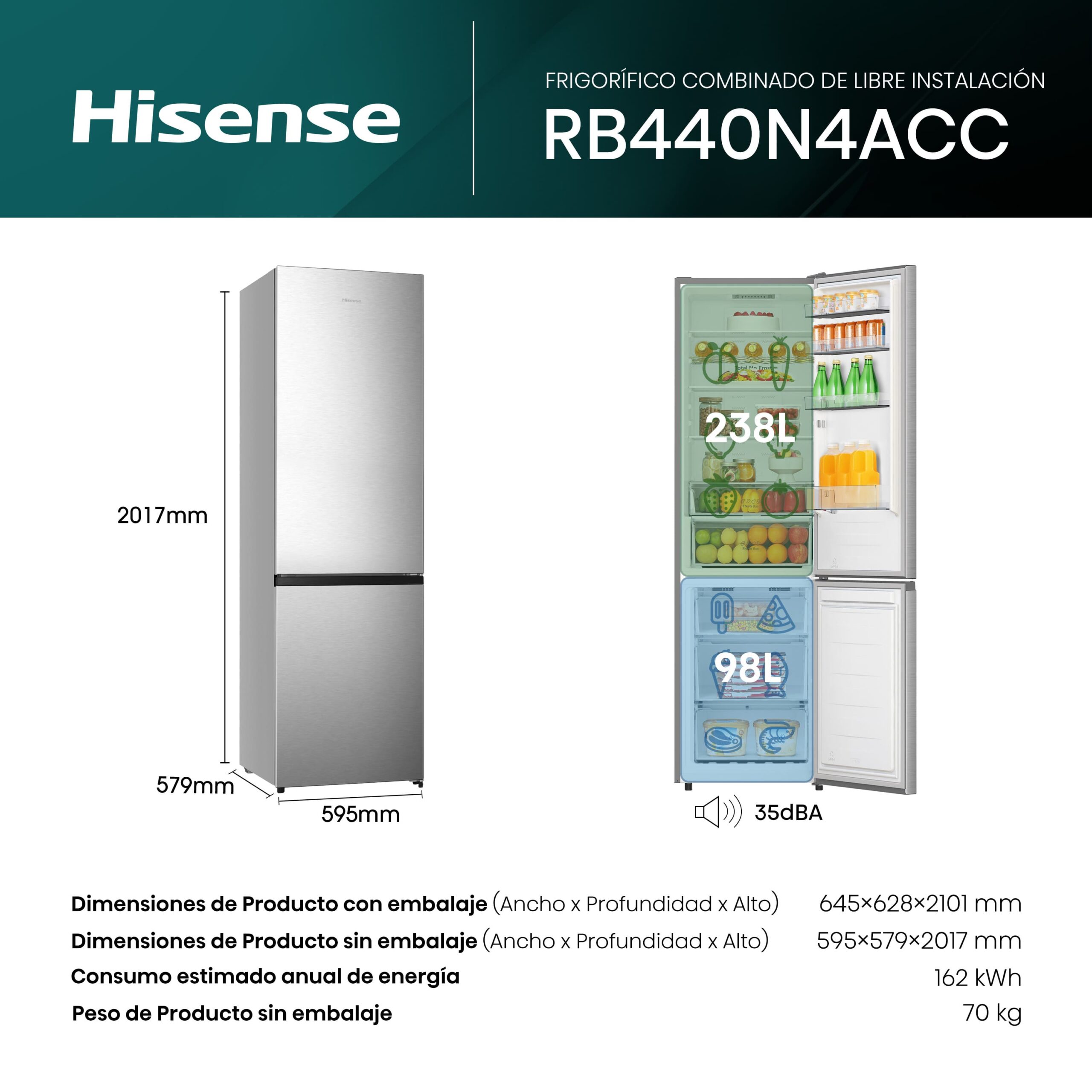 Hisense - RB440N4ACC – Frigorífico Combi 2 Puertas, Clase C , 336L, Inox