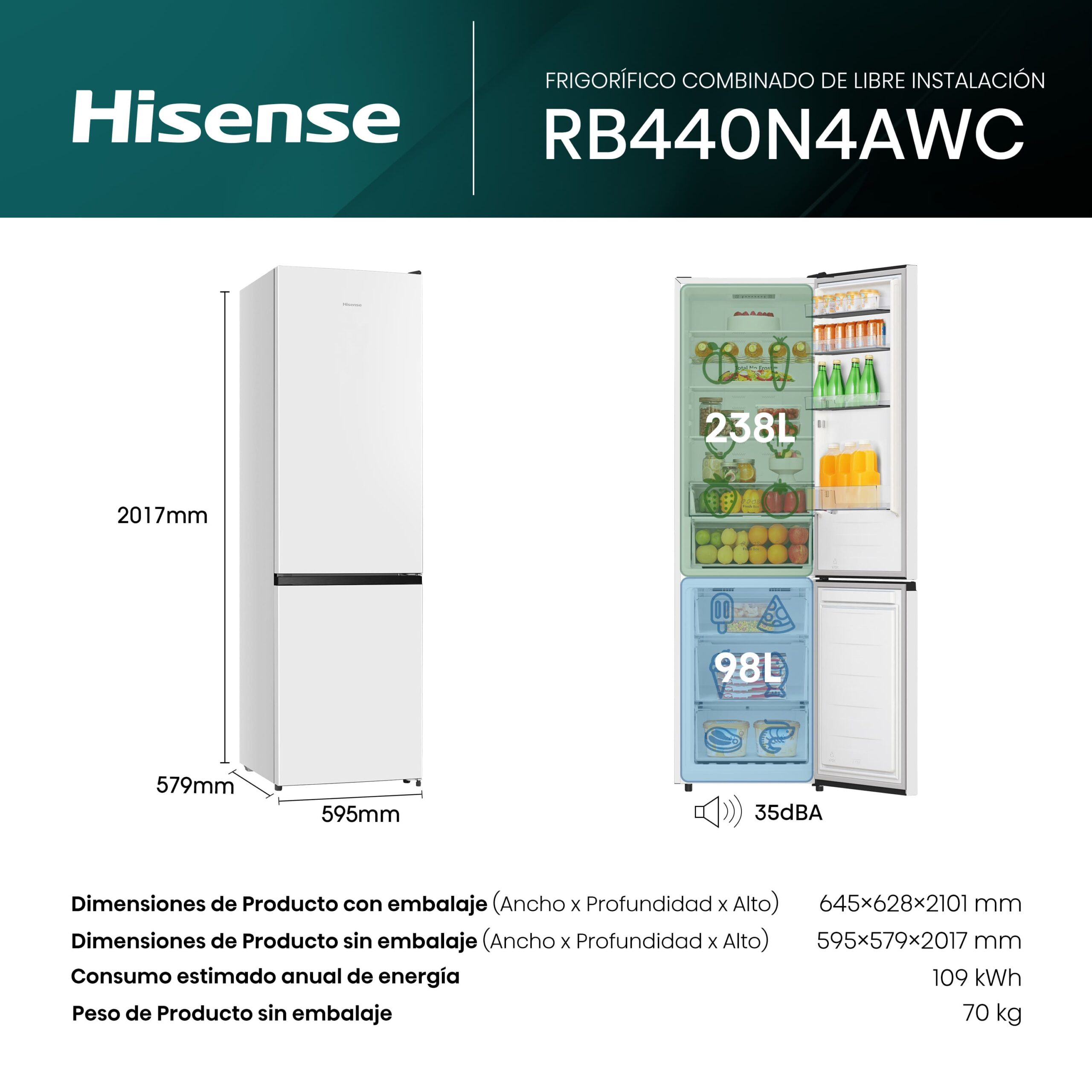 Hisense - RB440N4AWC – Frigorífico Combi 2 Puertas, Clase C , 336L, Blanco