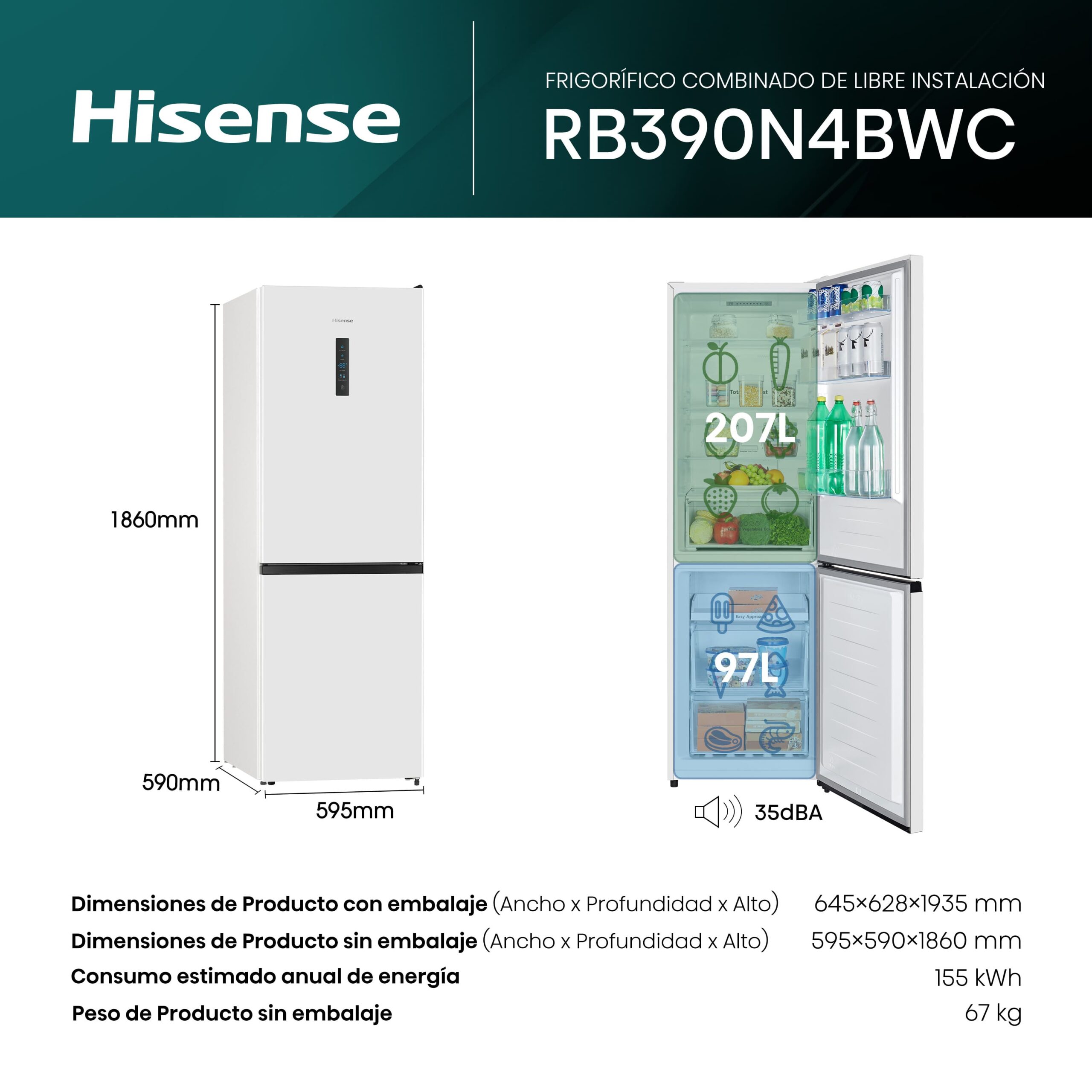 Hisense - RB390N4BWC – Frigorífico Combi 2 Puertas, Clase C, 304L, Blanco