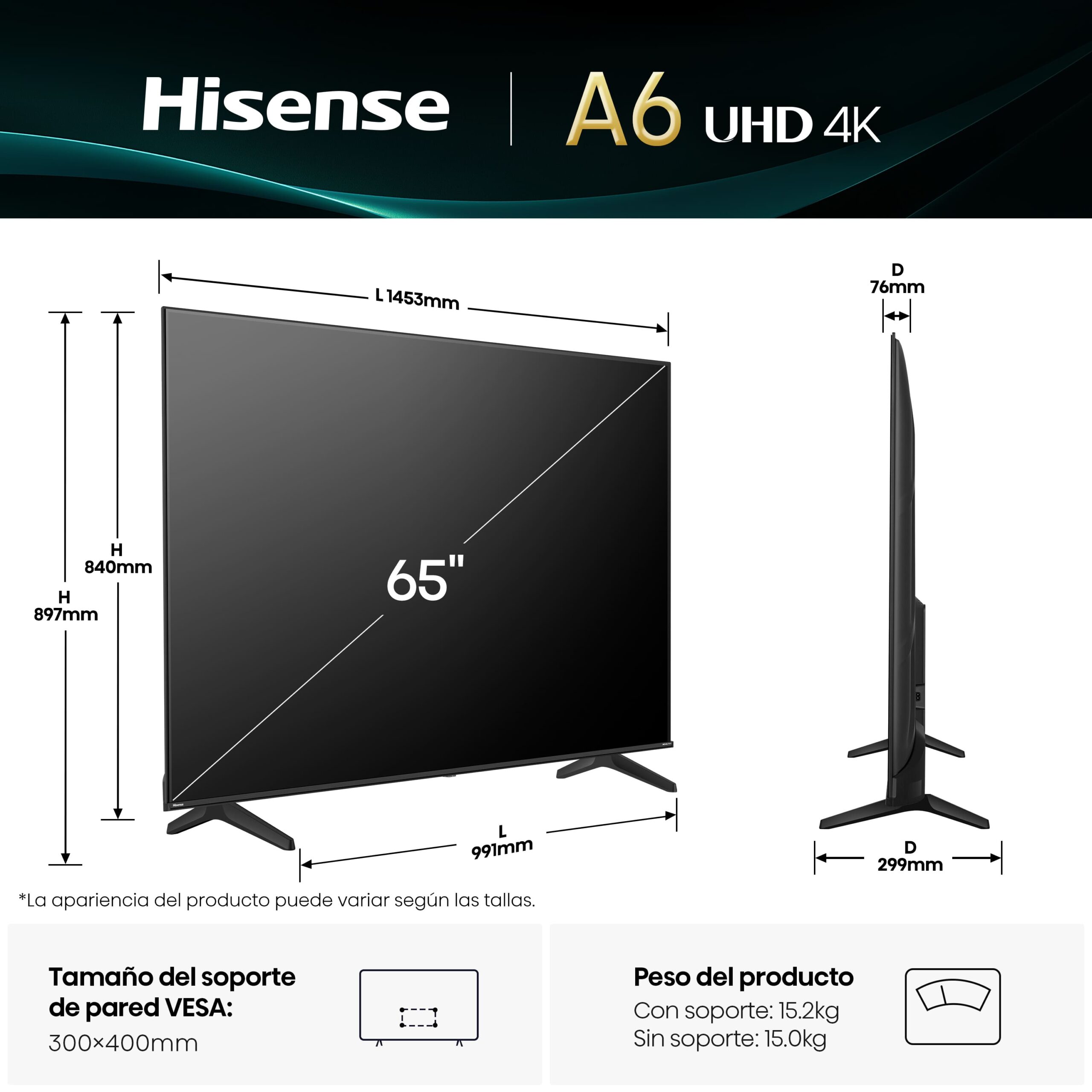 Hisense - Serie A6Q TV 4K 65A6Q, VIDAA Smart TV 65 pulgadas con Dolby Vision
