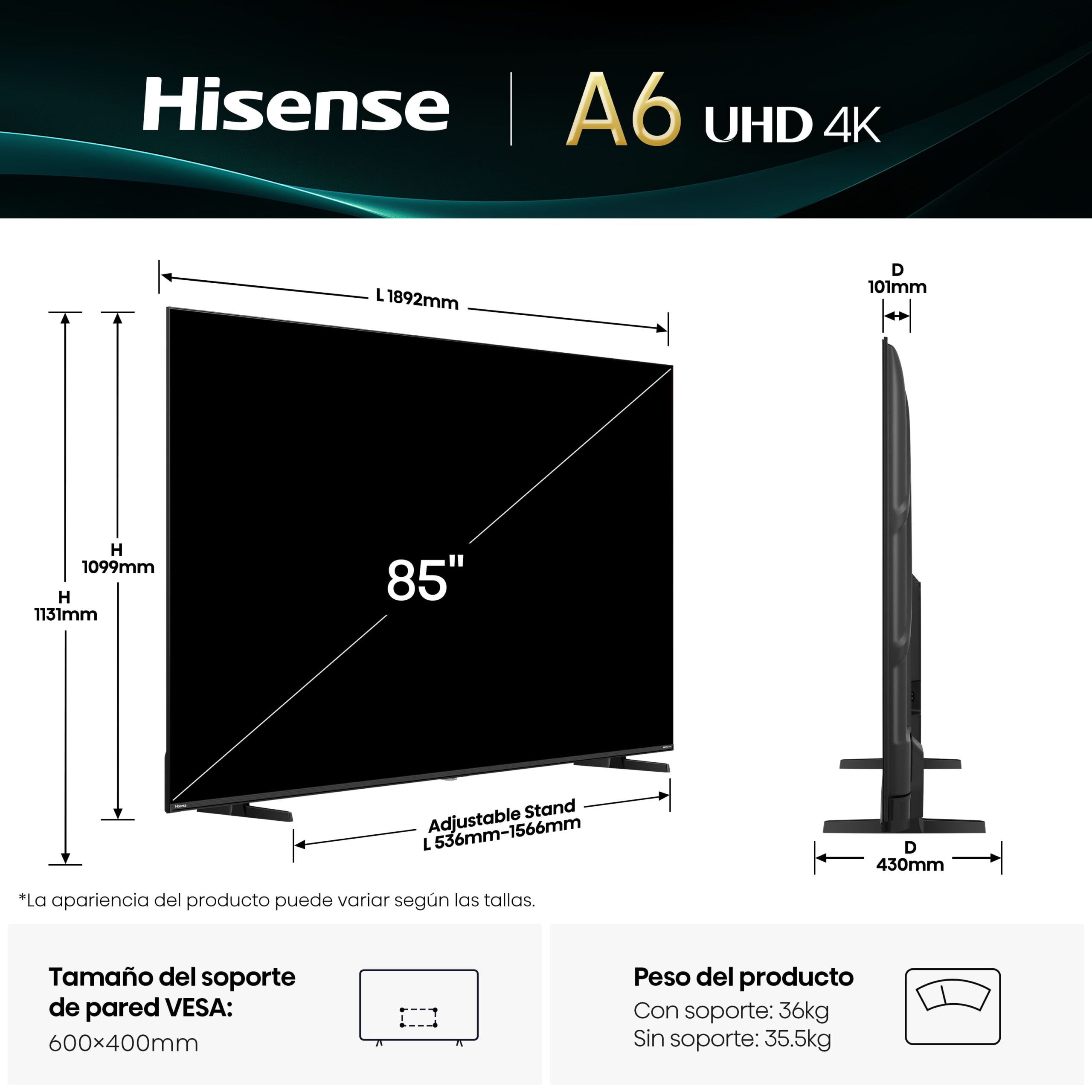 Hisense - Serie A6Q TV 4K 85A6Q, VIDAA Smart TV 85 pulgadas con Dolby Vision