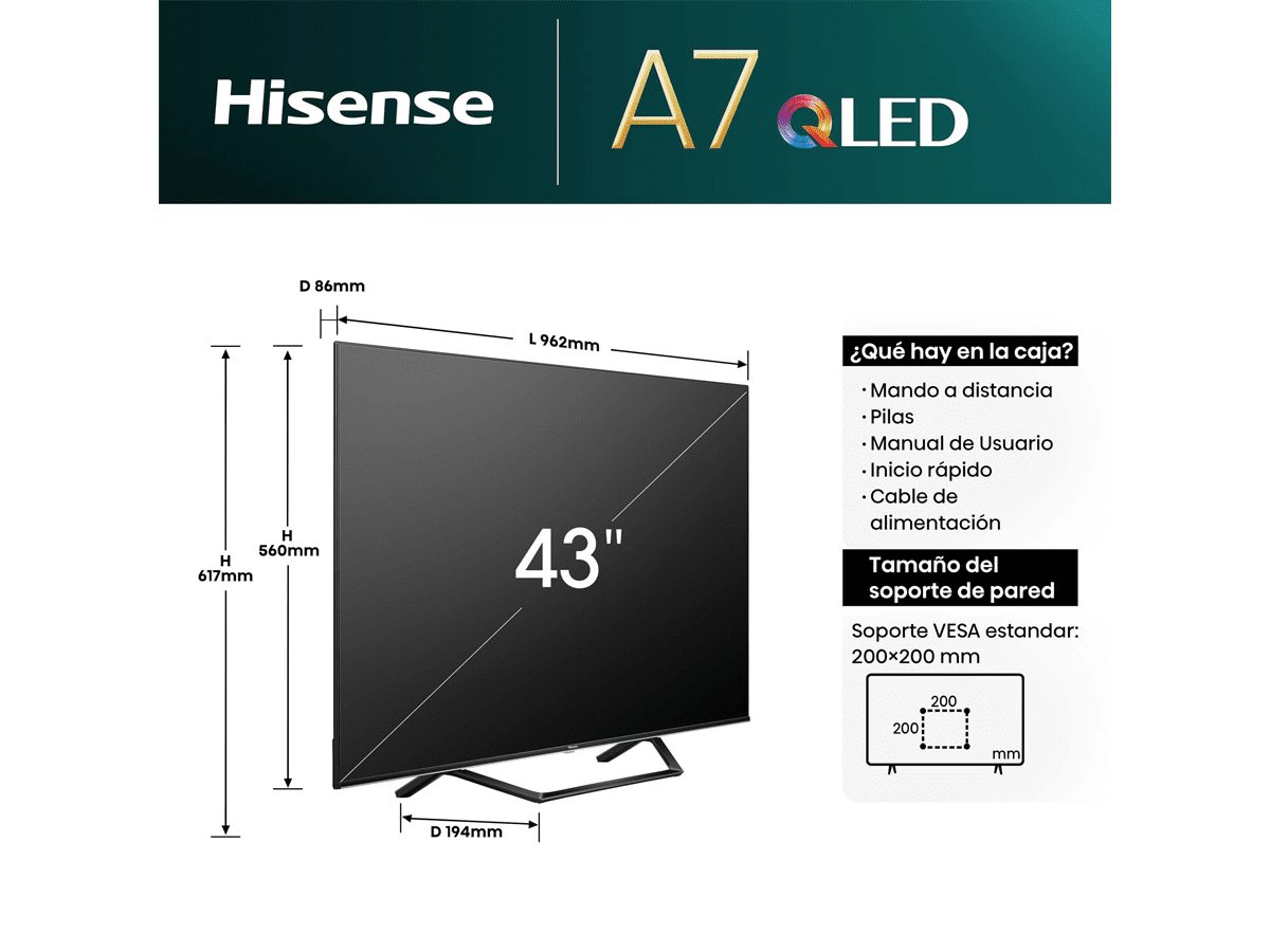 Hisense - QLED TV 43A7NQ Smart TV, 43 Pulgadas