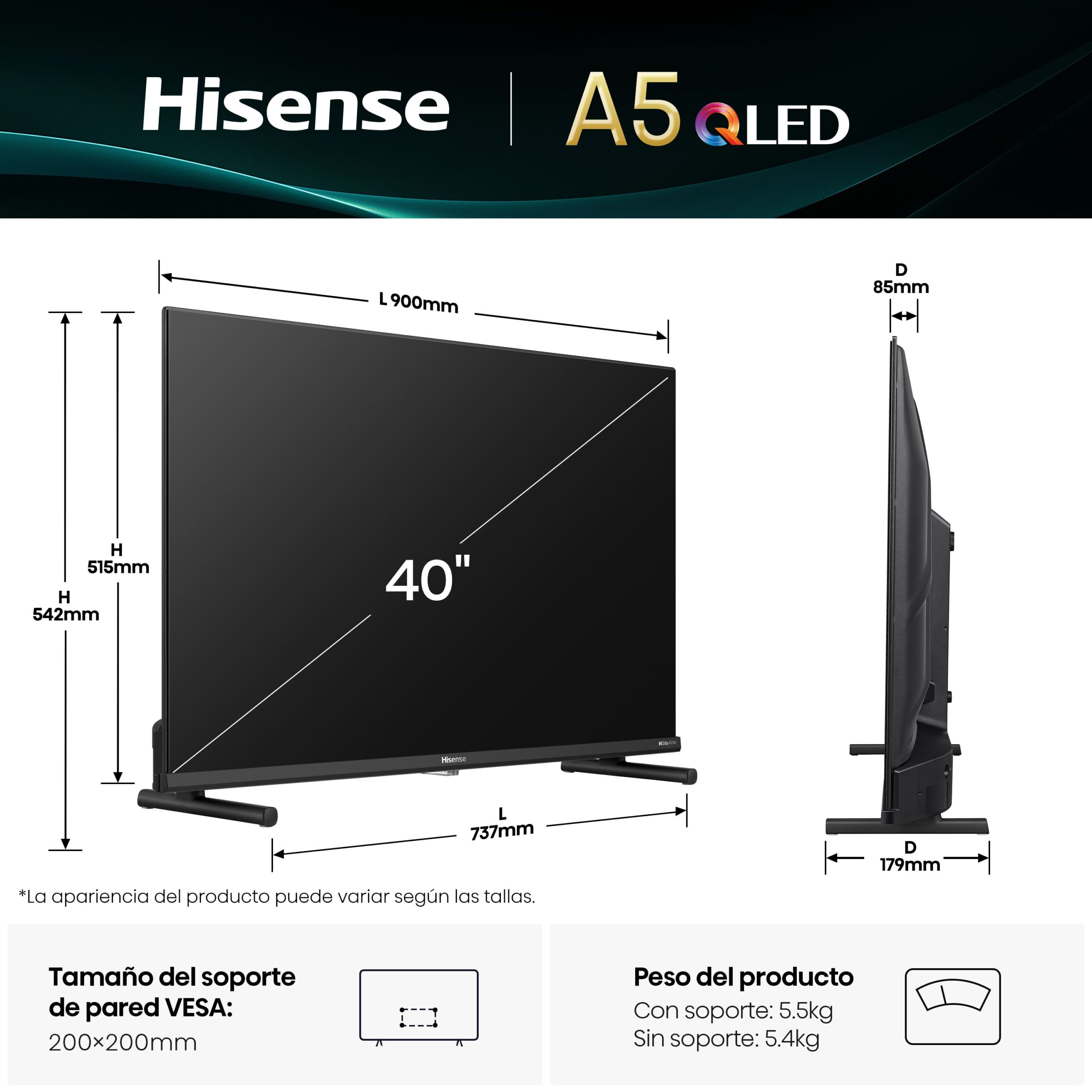 Hisense - Serie A5Q QLED TV 40A5Q Smart TV 40 Pulgadas TV con Dolby Atmos