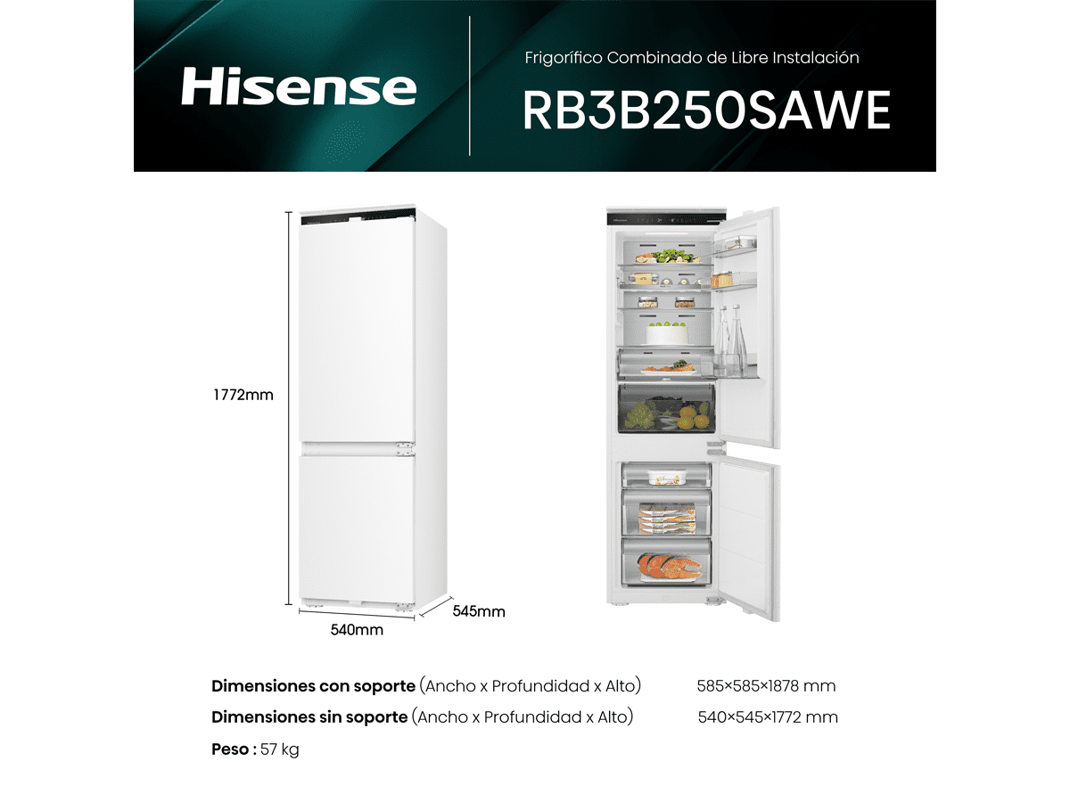 Hisense - RB3B250SAWE – Frigorífico Combi Integración 2 Puertas, Clase E, 252L
