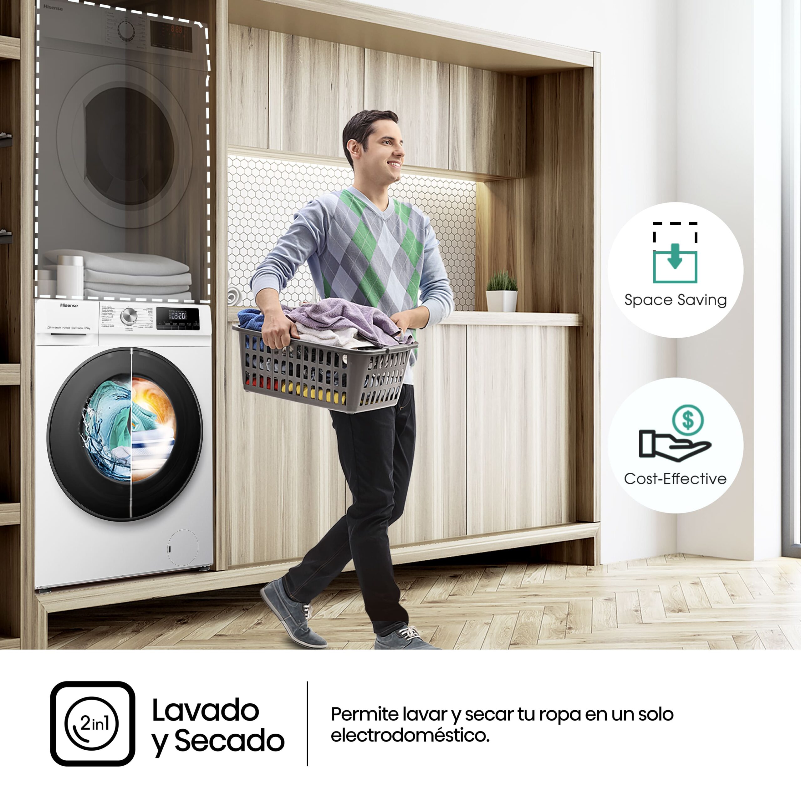 Hisense - WDQA8014EVJM – Lavasecadora, Clase A, 8 kg/5 kg, 1400 rpm, Blanco