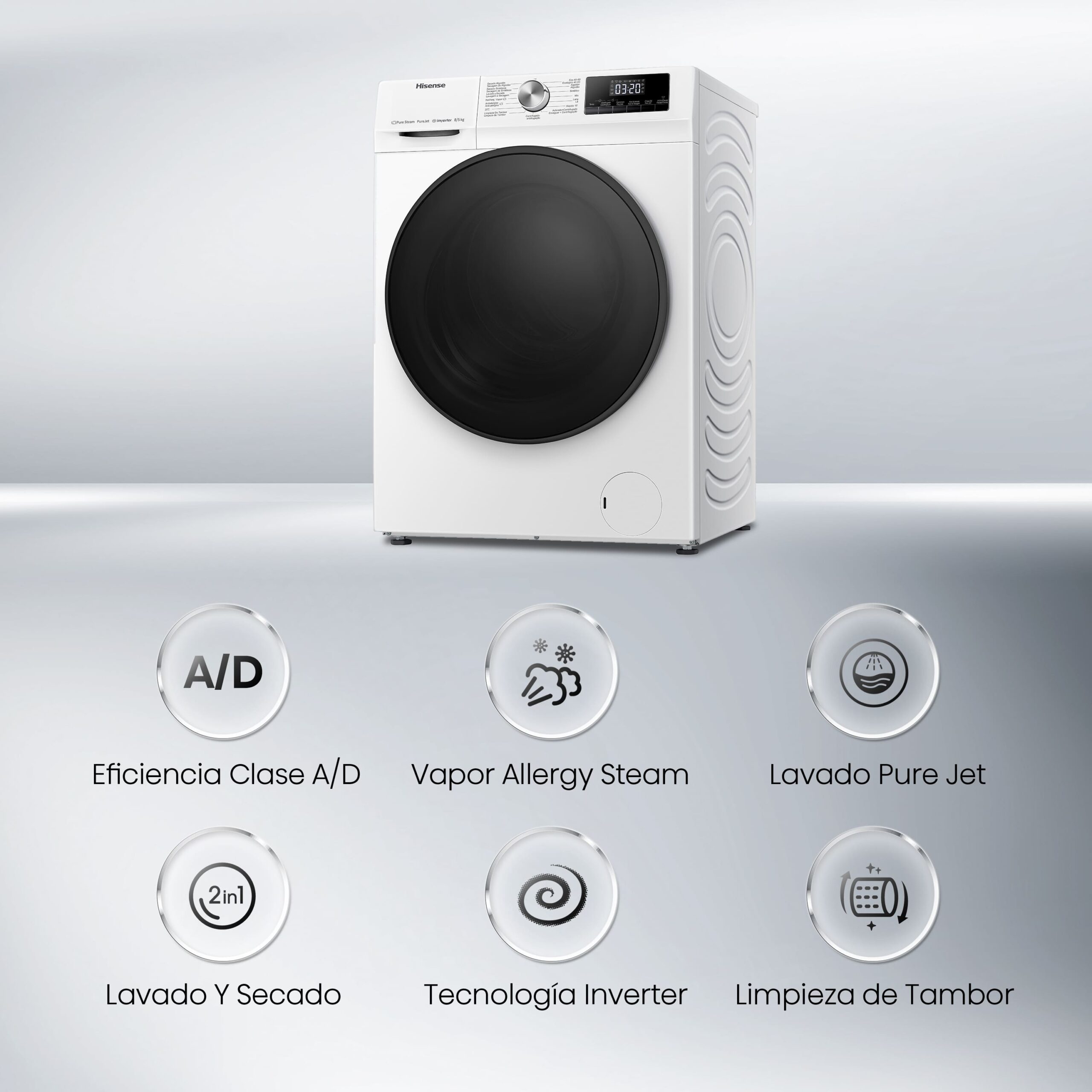 Hisense - WDQA8014EVJM – Lavasecadora, Clase A, 8 kg/5 kg, 1400 rpm, Blanco