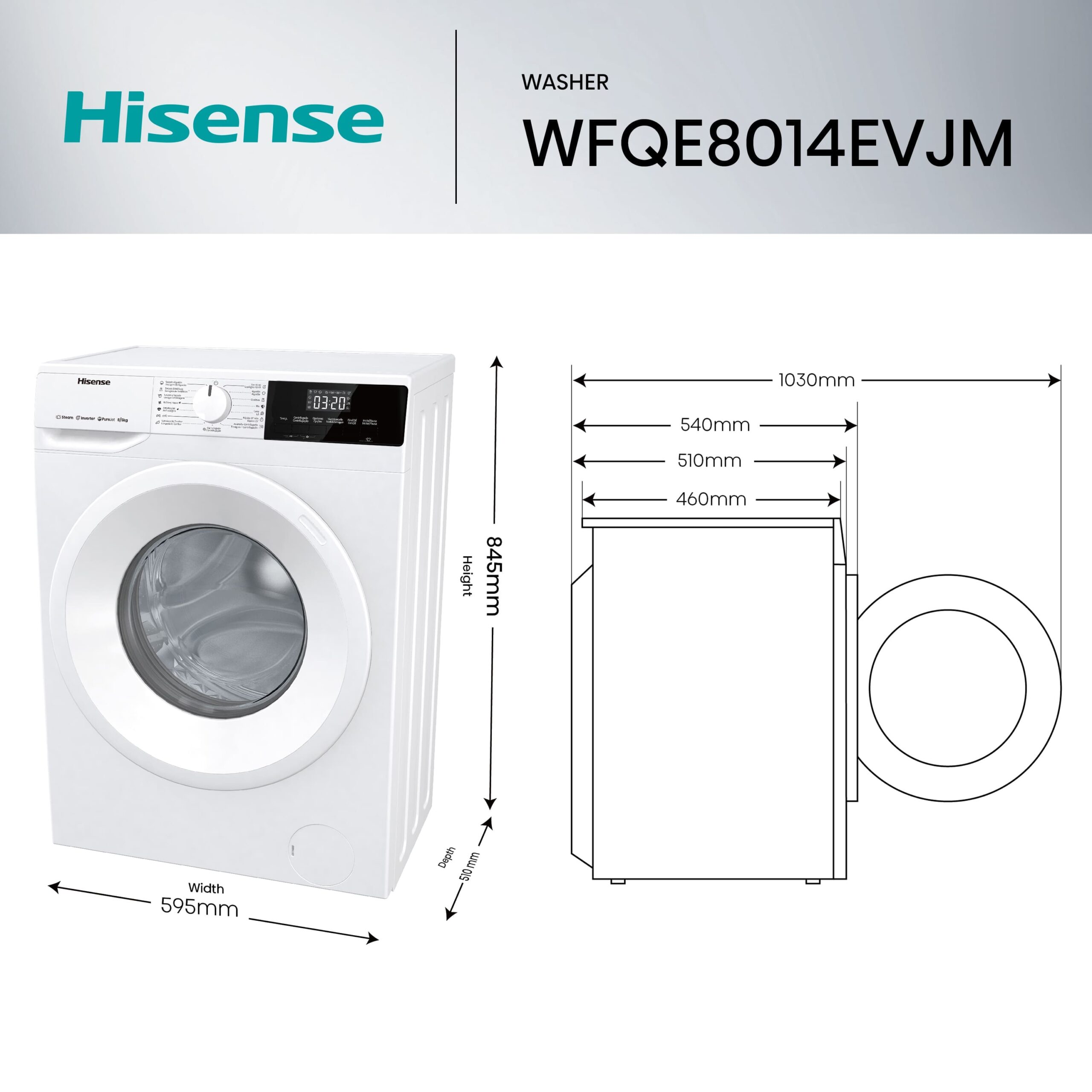 Hisense - WDQE8014EVJM – Lavasecadora, Clase A, 8 kg/5 kg, 1400 rpm, Blanco
