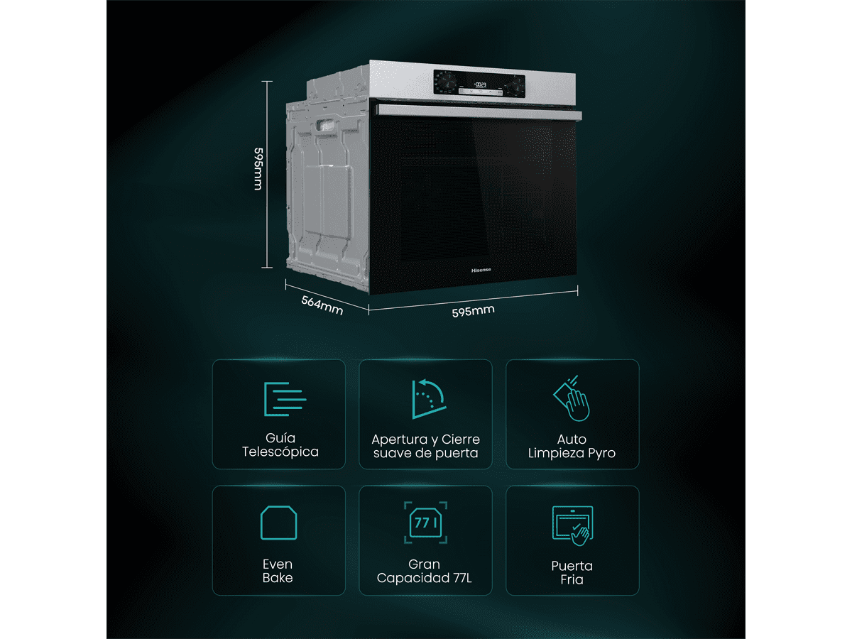 Hisense - BI64213E14PX – Horno Pirolítico, Clase A+, 77L, Inox