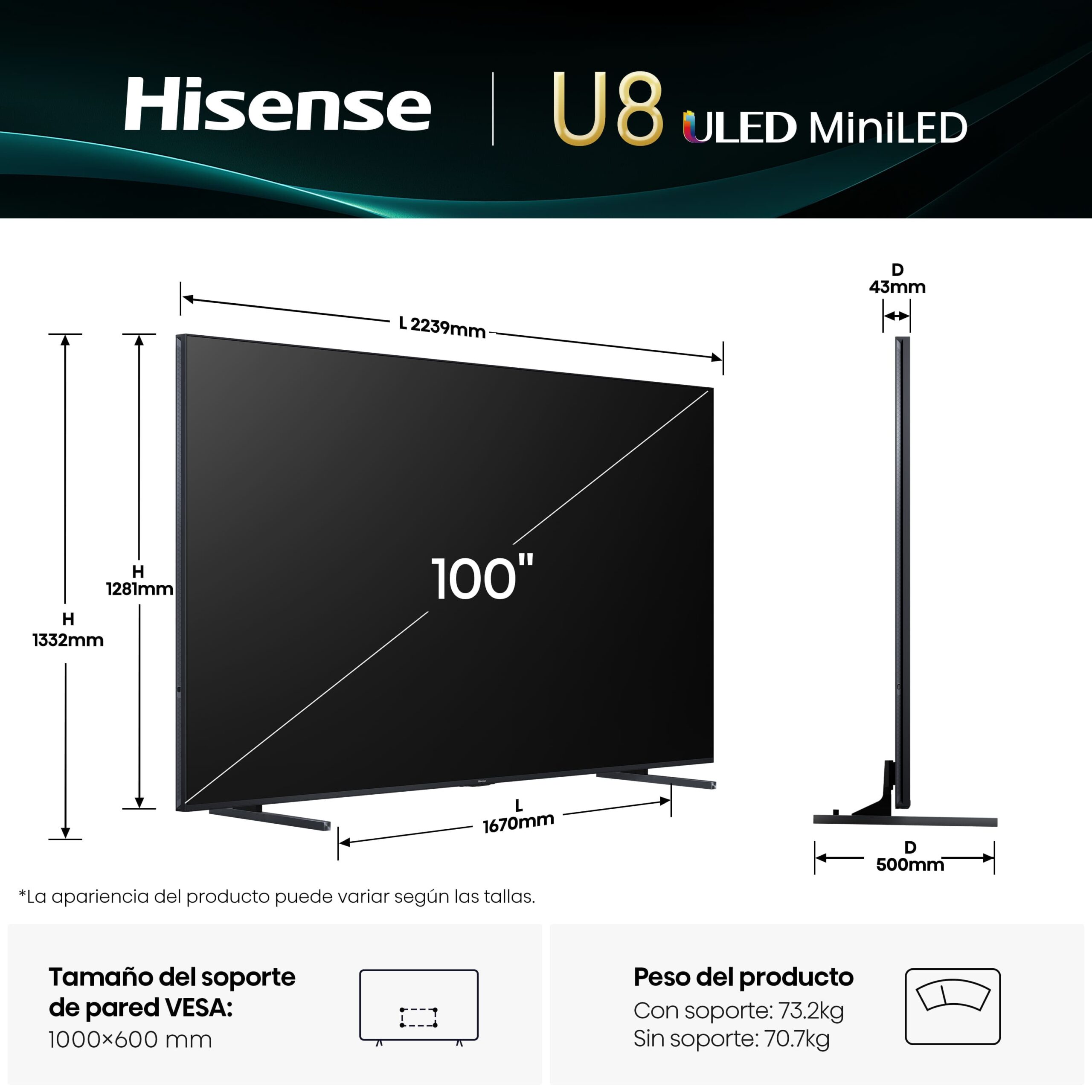 Hisense - Serie U8Q Mini-LED TV 100U8Q, 100 pulgadas con Hi-View IA PRO