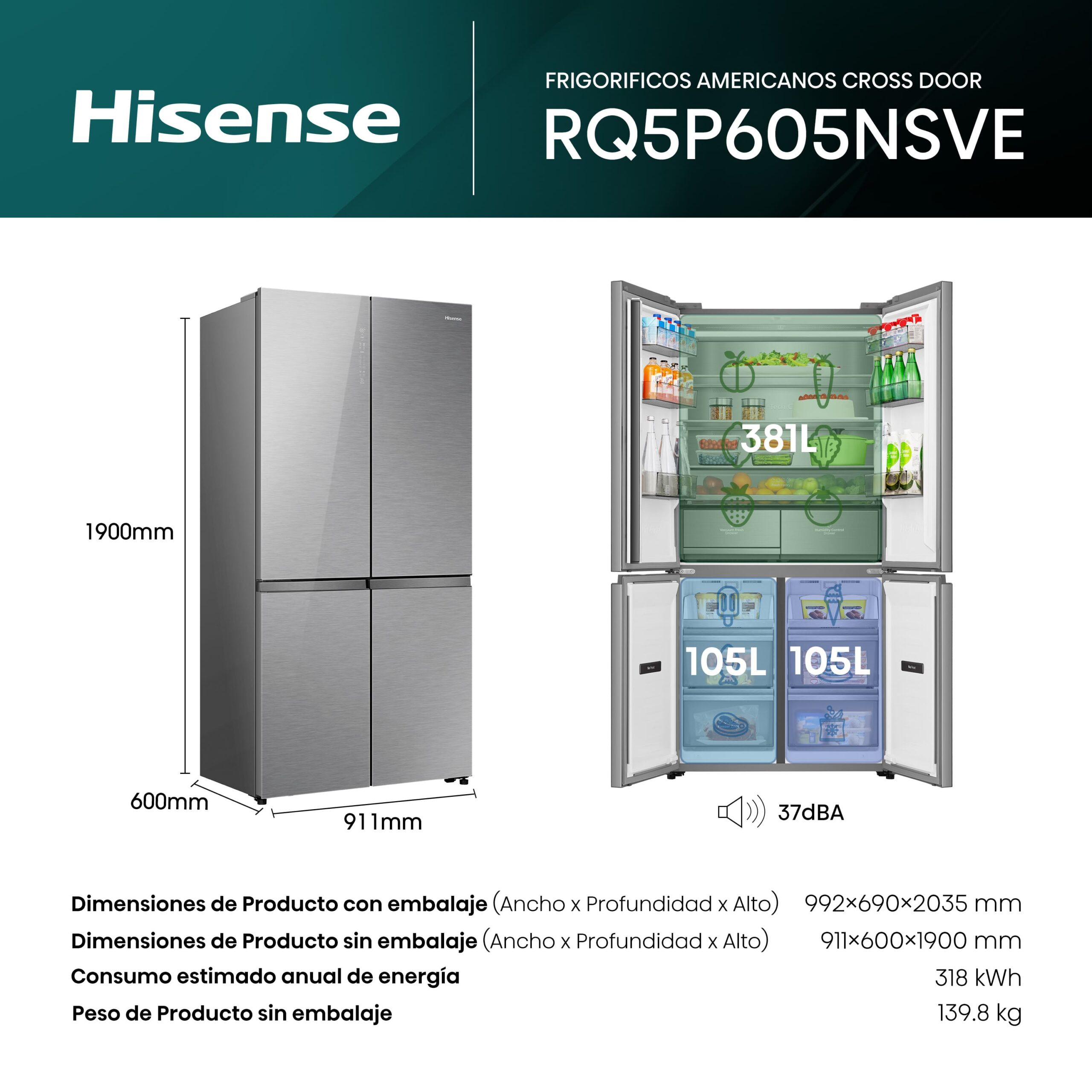 Hisense - RQ5P605NSVE – Frigorífico Americano 4 Puertas  Kitchen Fit, Clase E, Capacidad 591L, Color Cristal Inox