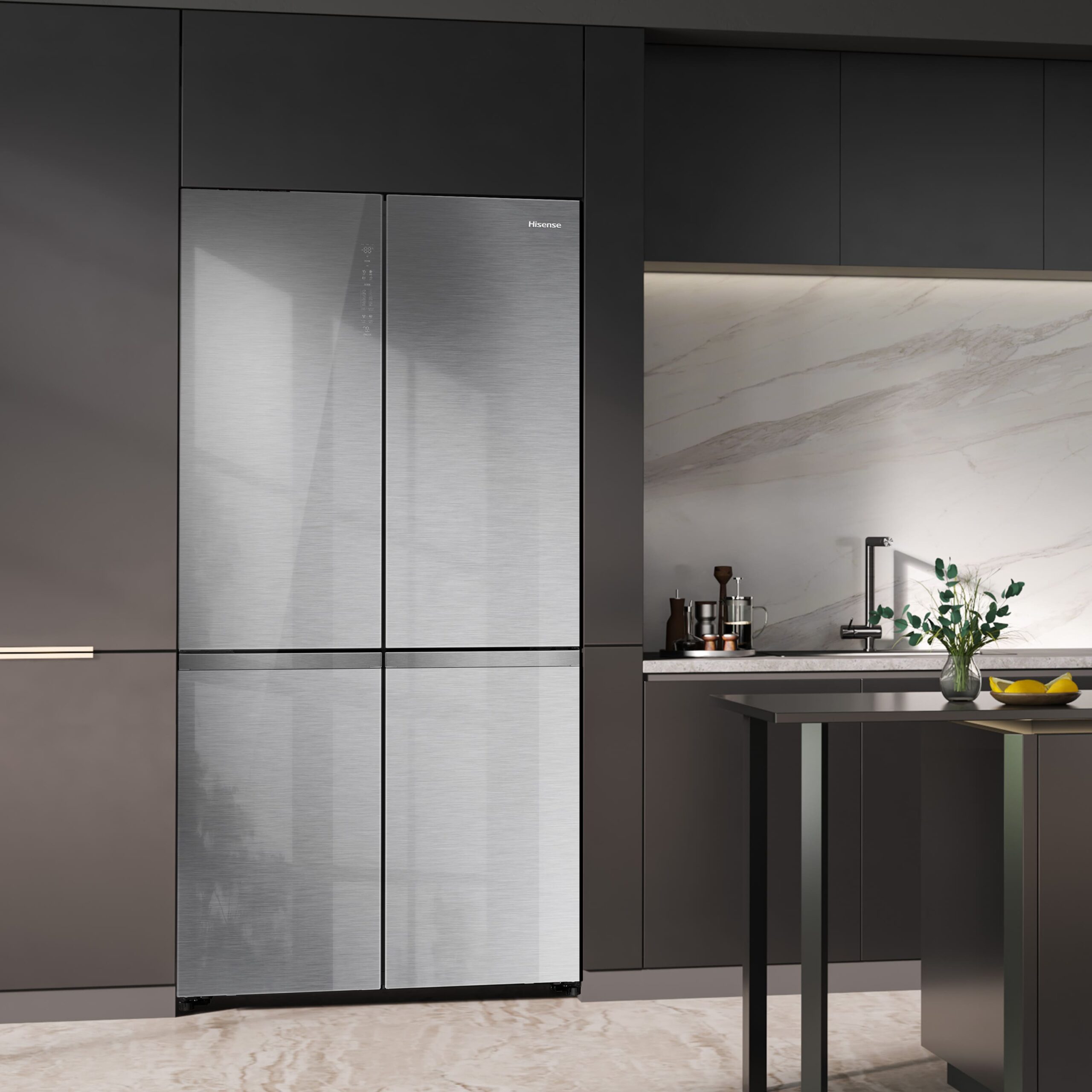 Hisense - RQ5P605NSVE – Frigorífico Americano 4 Puertas  Kitchen Fit, Clase E, Capacidad 591L, Color Cristal Inox