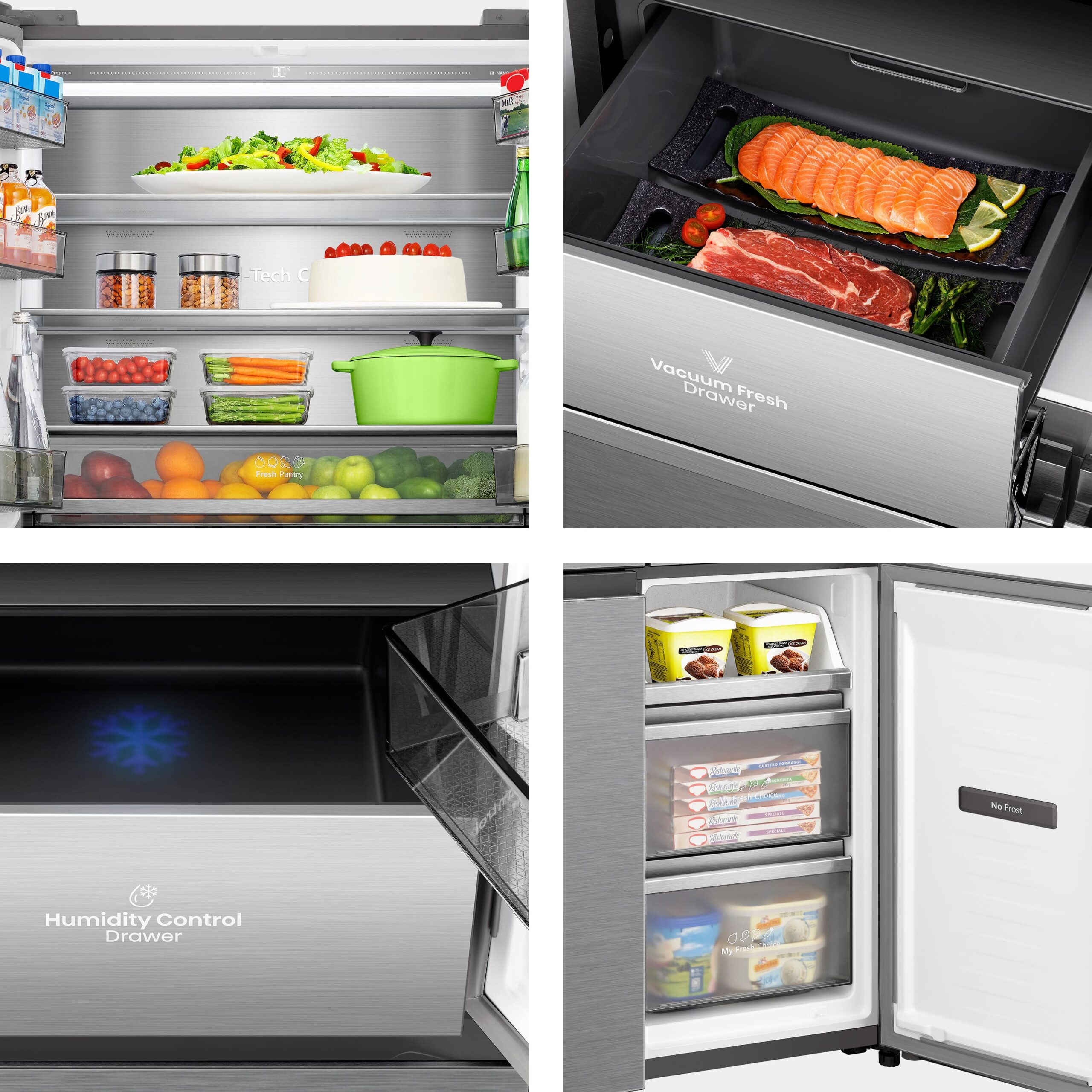 Hisense - RQ5P605NSVE – Frigorífico Americano 4 Puertas  Kitchen Fit, Clase E, Capacidad 591L, Color Cristal Inox