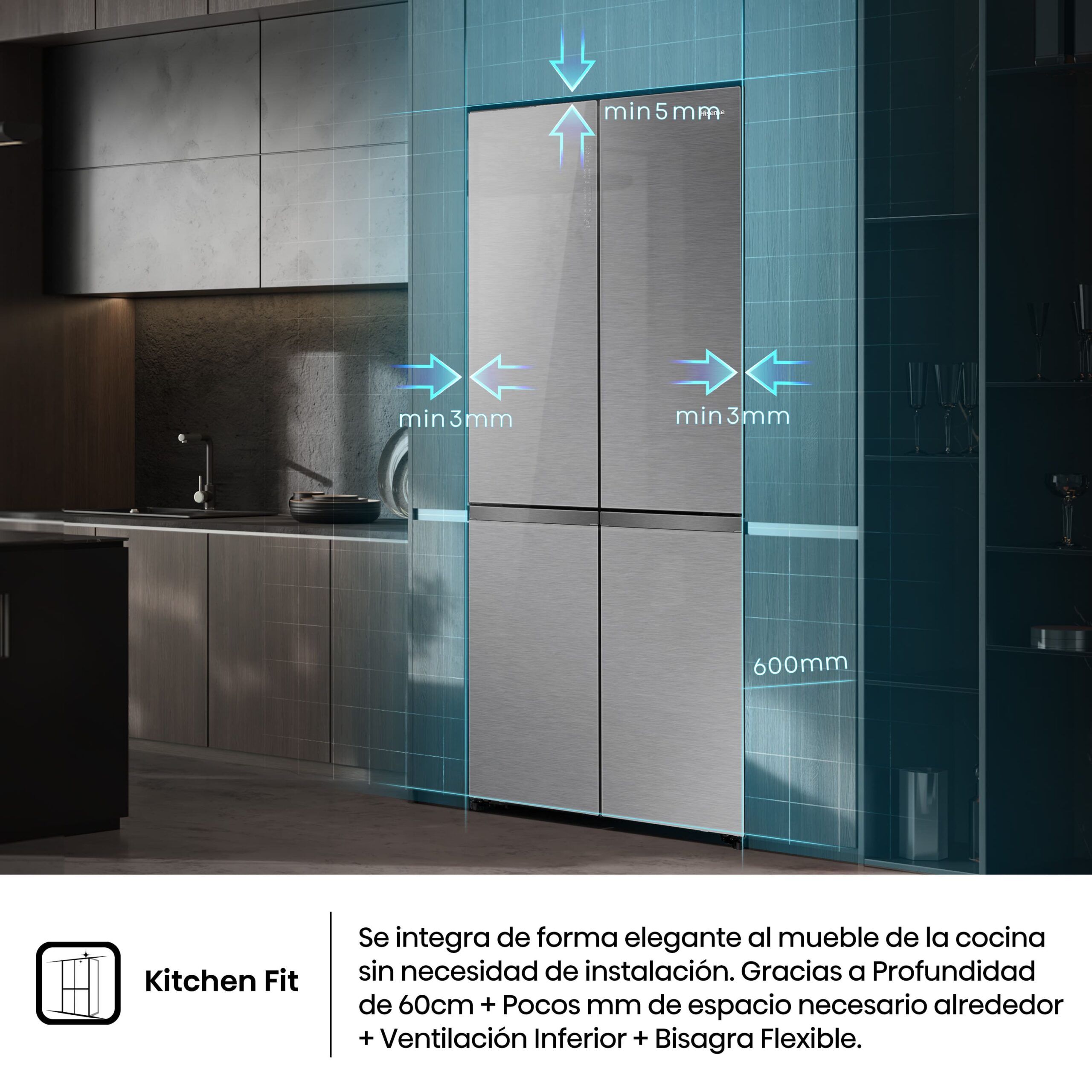Hisense - RQ5P605NSVE – Frigorífico Americano 4 Puertas  Kitchen Fit, Clase E, Capacidad 591L, Color Cristal Inox