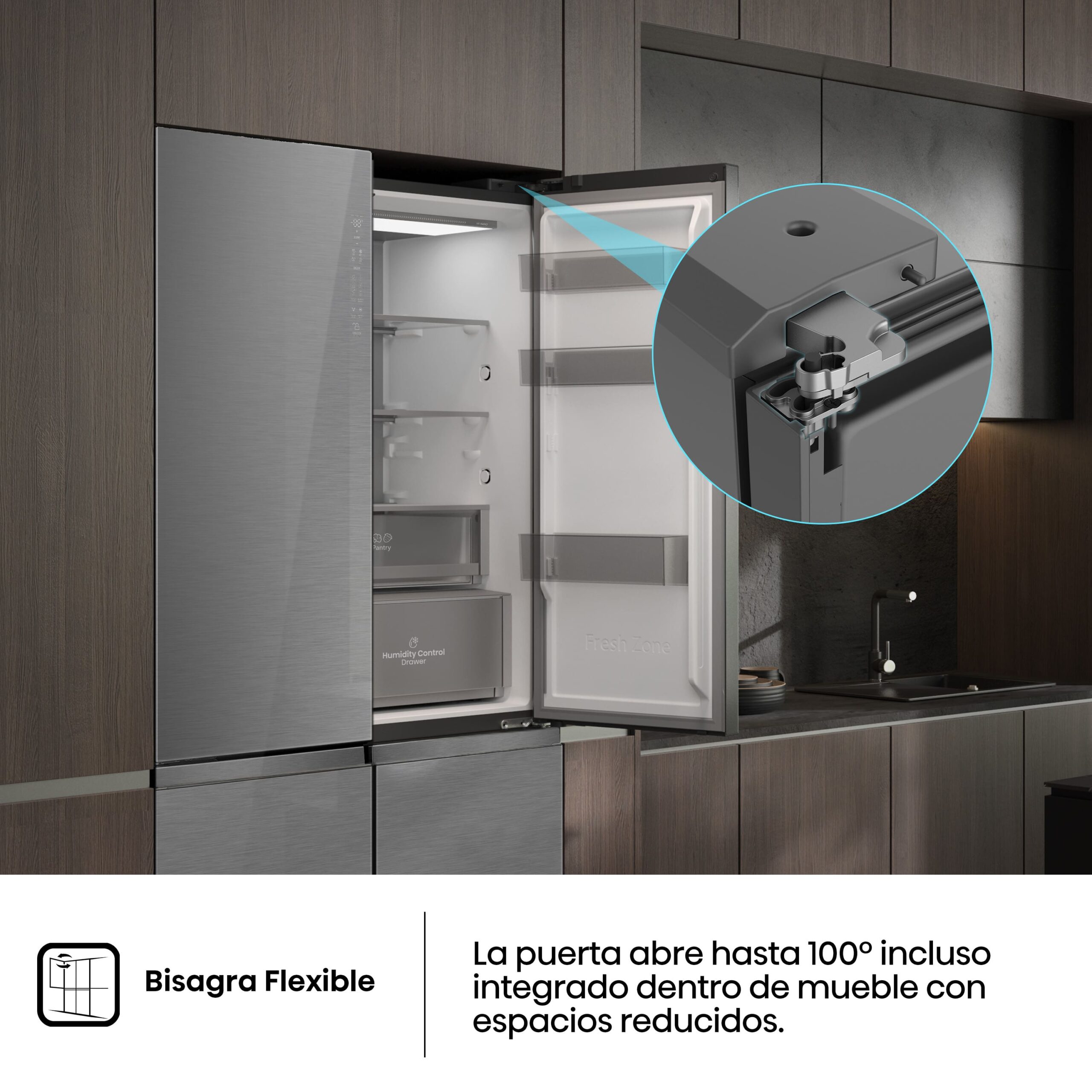 Hisense - RQ5P605NSVE – Frigorífico Americano 4 Puertas  Kitchen Fit, Clase E, Capacidad 591L, Color Cristal Inox