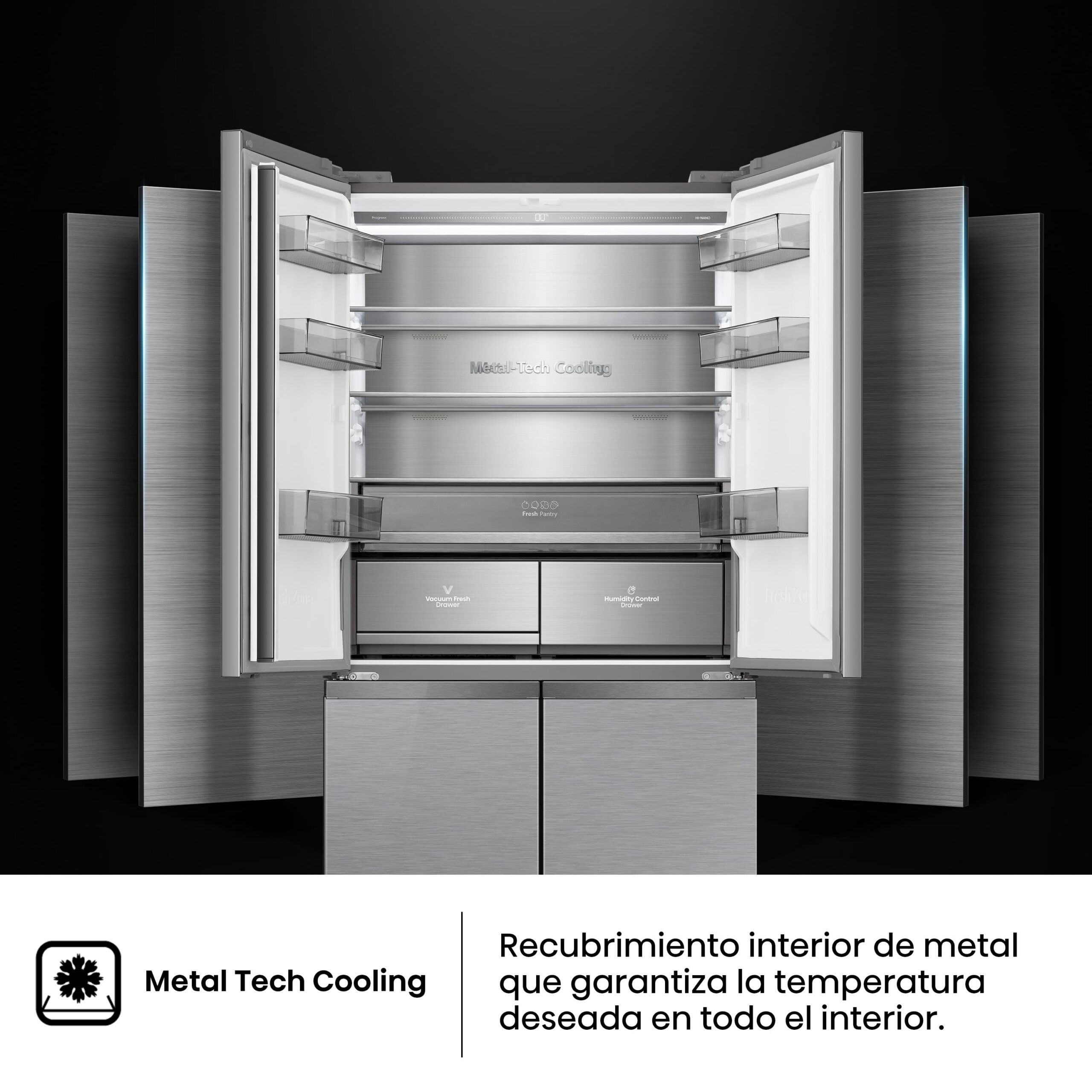 Hisense - RQ5P605NSVE – Frigorífico Americano 4 Puertas  Kitchen Fit, Clase E, Capacidad 591L, Color Cristal Inox
