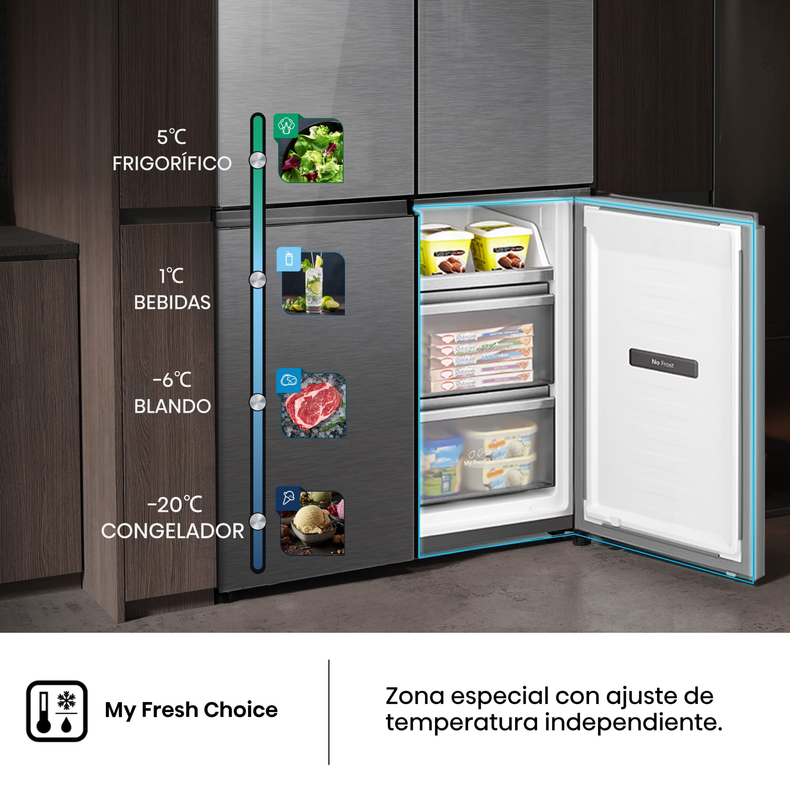 Hisense - RQ5P605NSVE – Frigorífico Americano 4 Puertas  Kitchen Fit, Clase E, Capacidad 591L, Color Cristal Inox