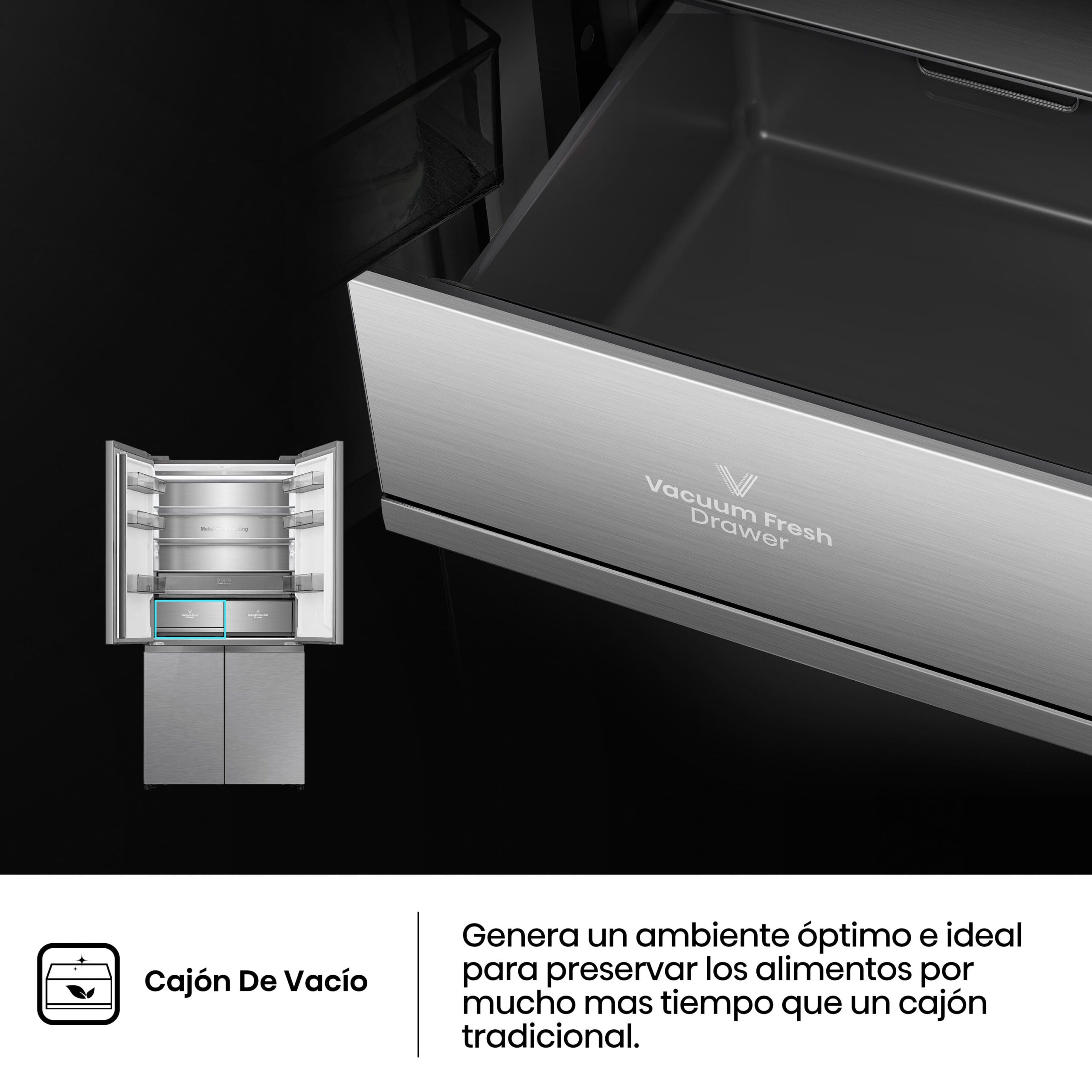 Hisense - RQ5P605NSVE – Frigorífico Americano 4 Puertas  Kitchen Fit, Clase E, Capacidad 591L, Color Cristal Inox