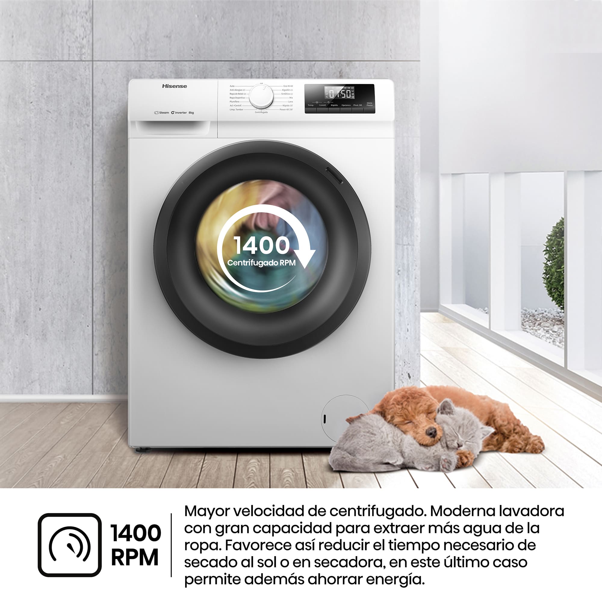 Hisense - WF1Q8041BW1 – Lavadora De Libre Instalación, Clase A, Capacidad 8 Kg , 1400 rpm, Color Blanco